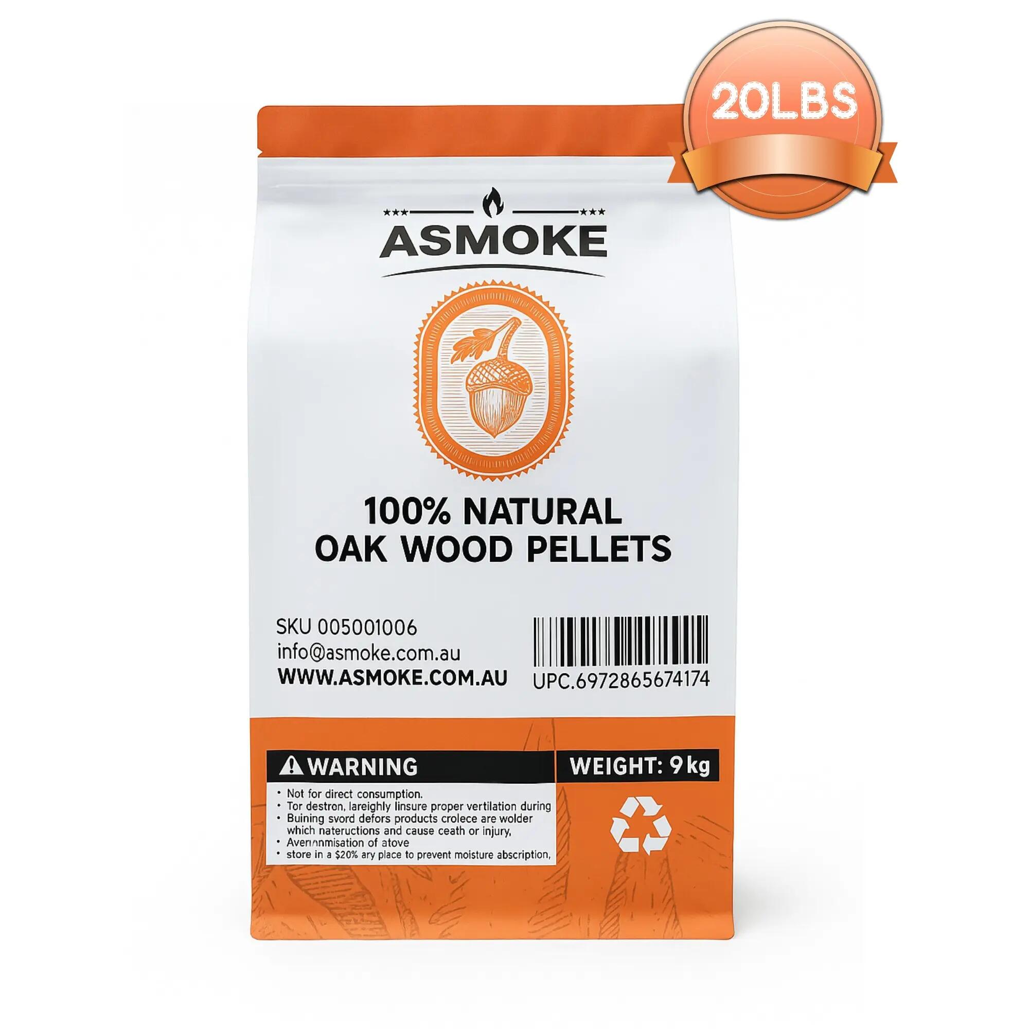 ASMOKE 100% Natural Premium Oak Wood BBQ Pellets for Smoker & Grill (9kg / 20lbs