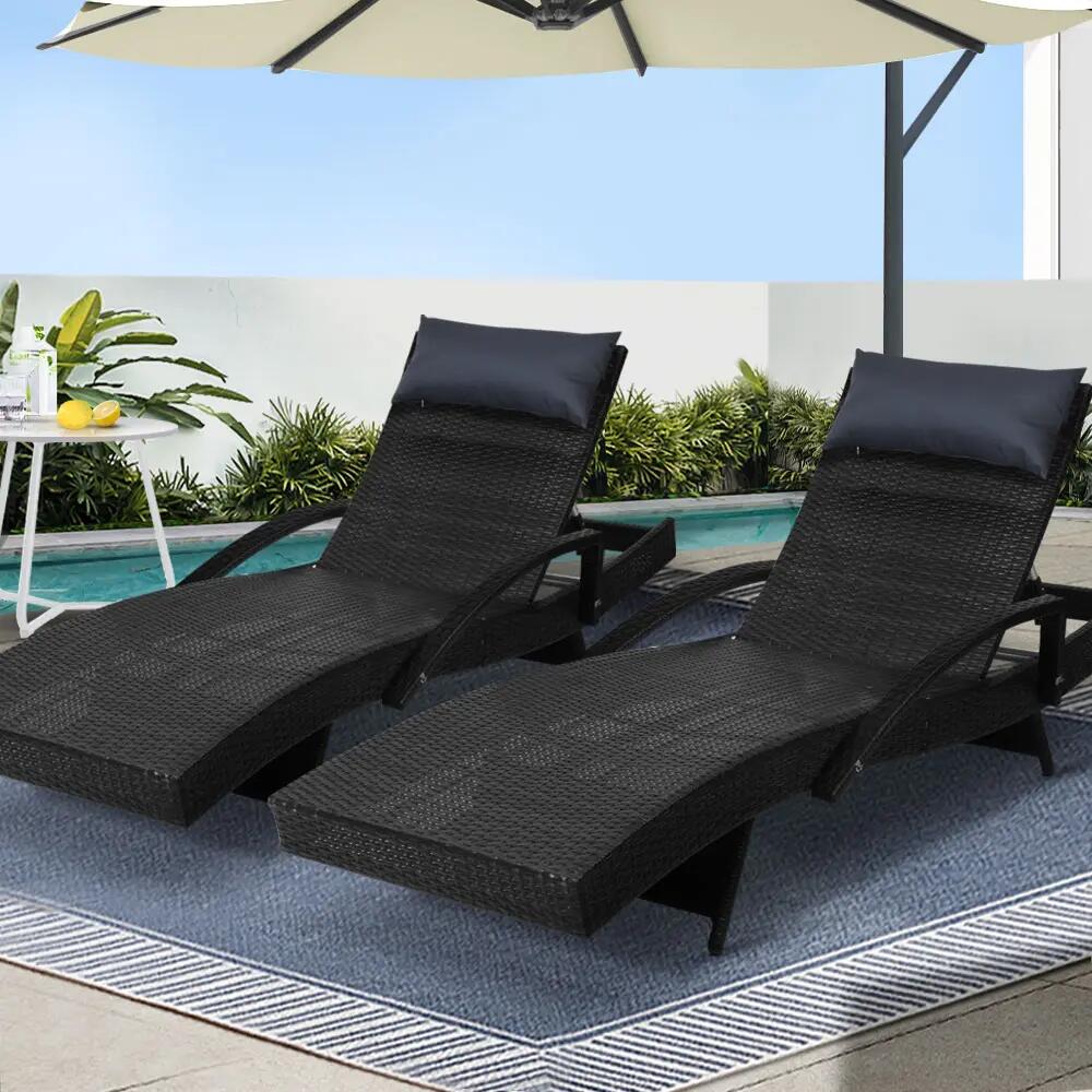 Gardeon 2x Sun Lounge Wicker Lounger Outdoor Furniture Beach Chair Armrest Adjus