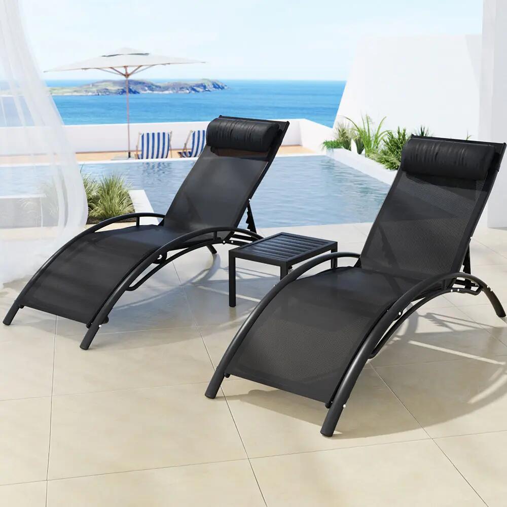 Gardeon 3PC Sun Lounge Outdoor Lounger Steel Table Chairs Patio Furniture Garden