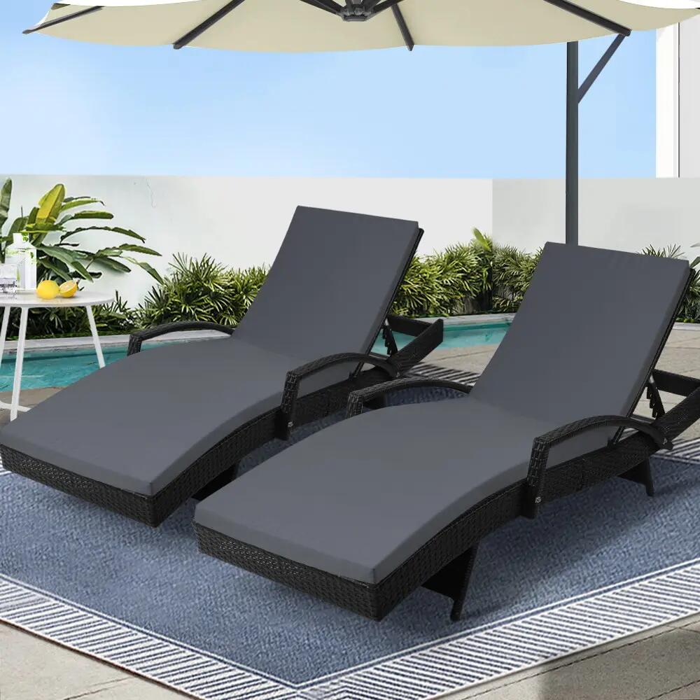 Gardeon 2PC Sun Lounge Wicker Lounger Outdoor Furniture Beach Chair Patio Adjust