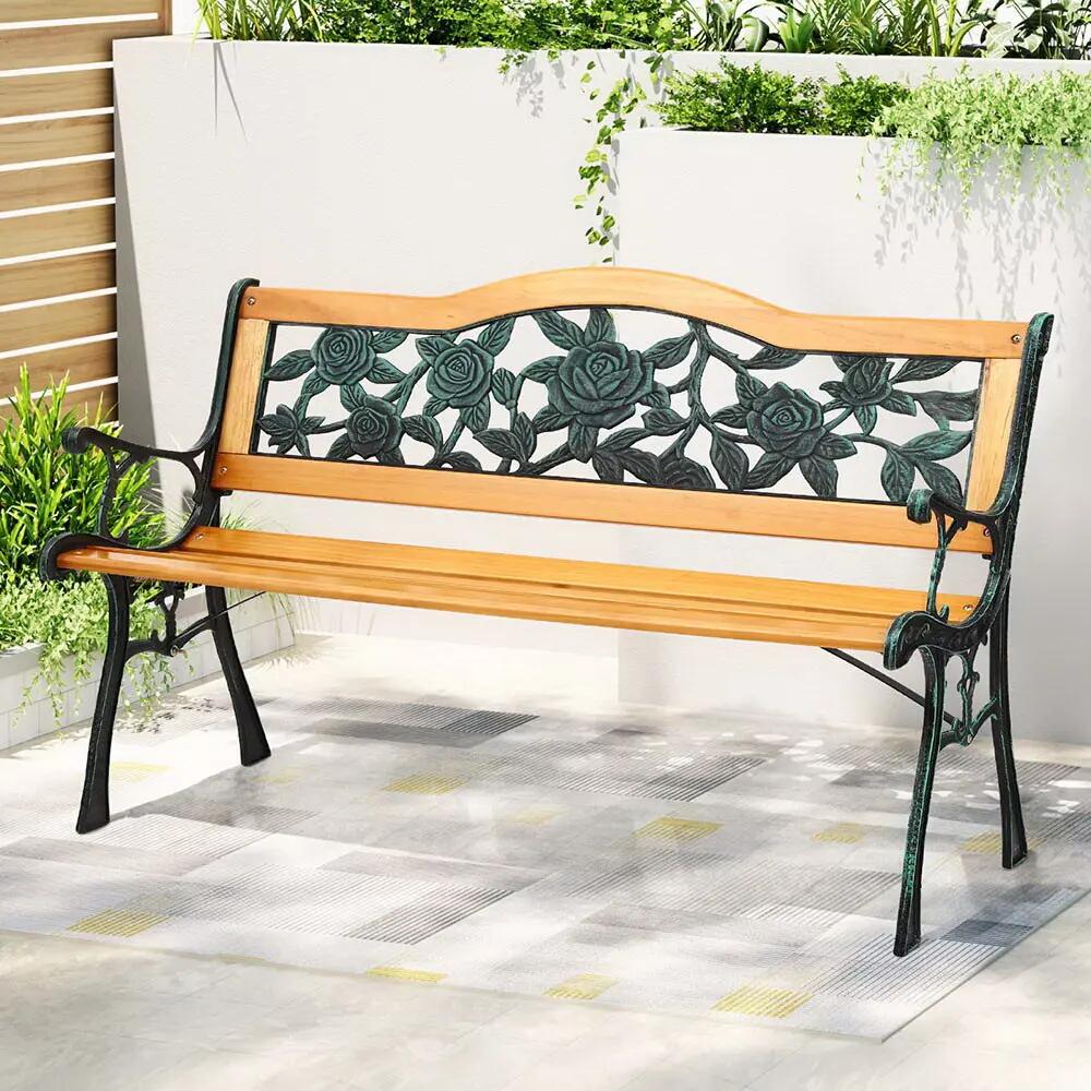 Gardeon Outdoor Garden Bench Seat 126cm Wooden Cast Iron 3 Seater Patio Furnitur