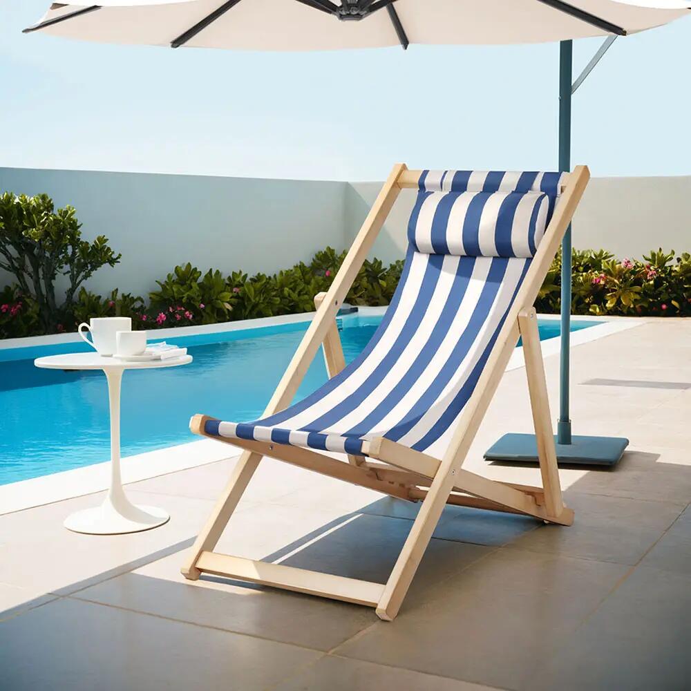 Gardeon Outdoor Deck Chair Wooden Sun Lounge Folding Beach Patio Furniture Blue