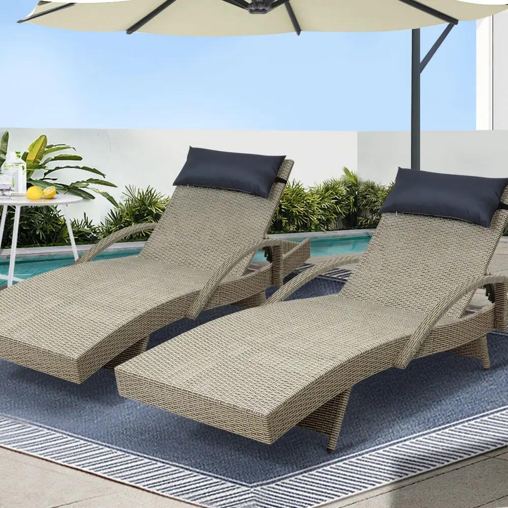 Gardeon 2x Sun Lounge Wicker Lounger Outdoor Furniture Beach Armchair Adjustable