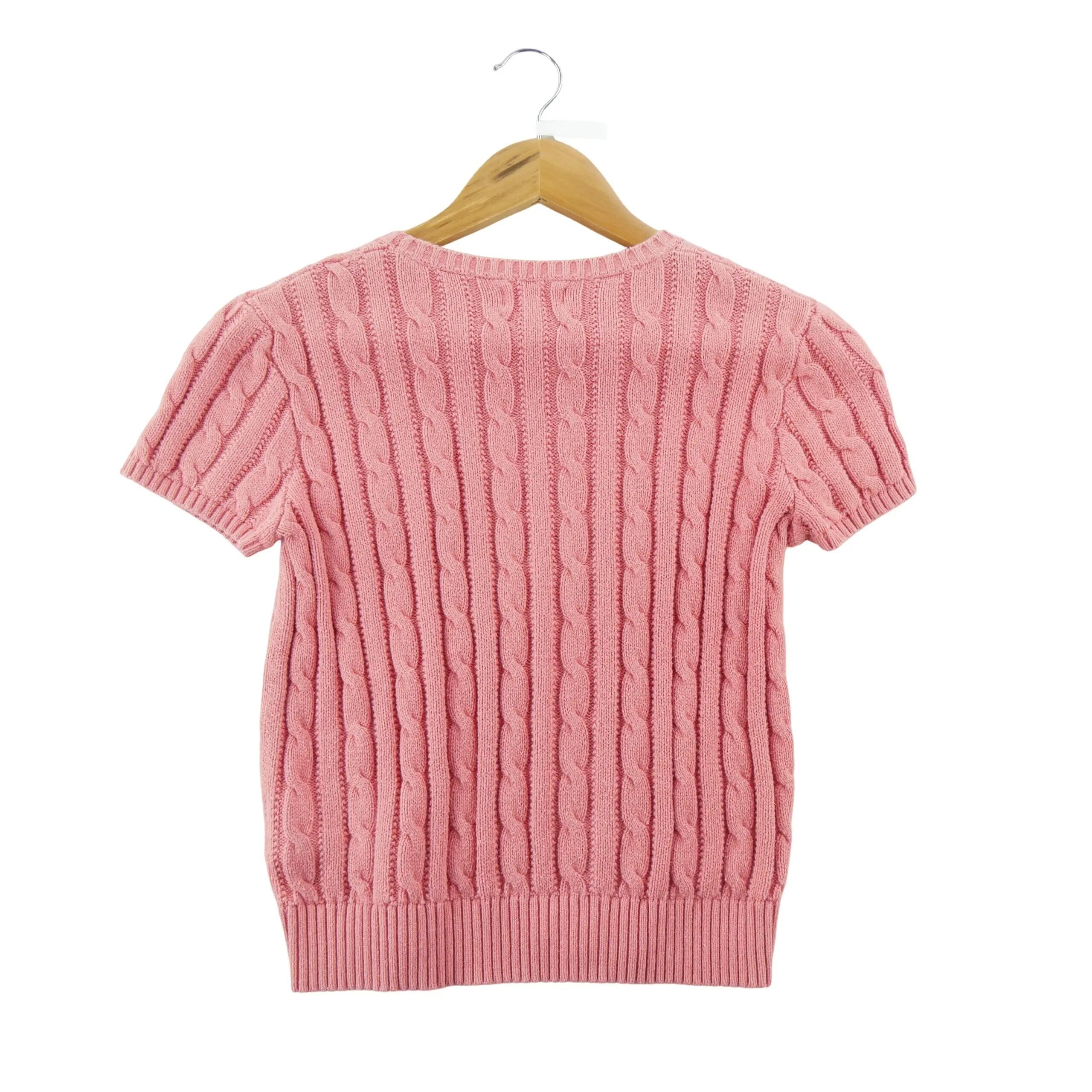 Tweedehands - Meisjes kabelgebreide trui roze - Als nieuw 2/8