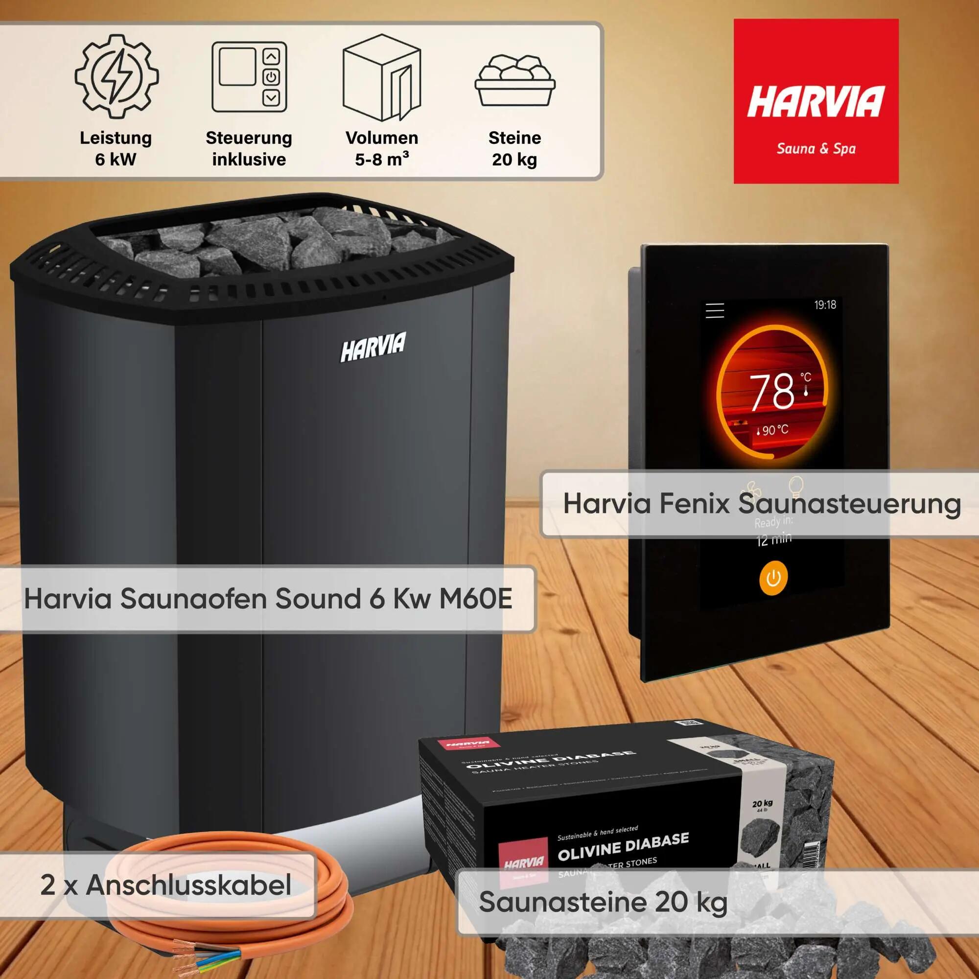 Harvia Sound M60E Black 6 kW Saunaofen Set 7-teilig, Fenix FX110 WiFi
Steuerung, 2/6
