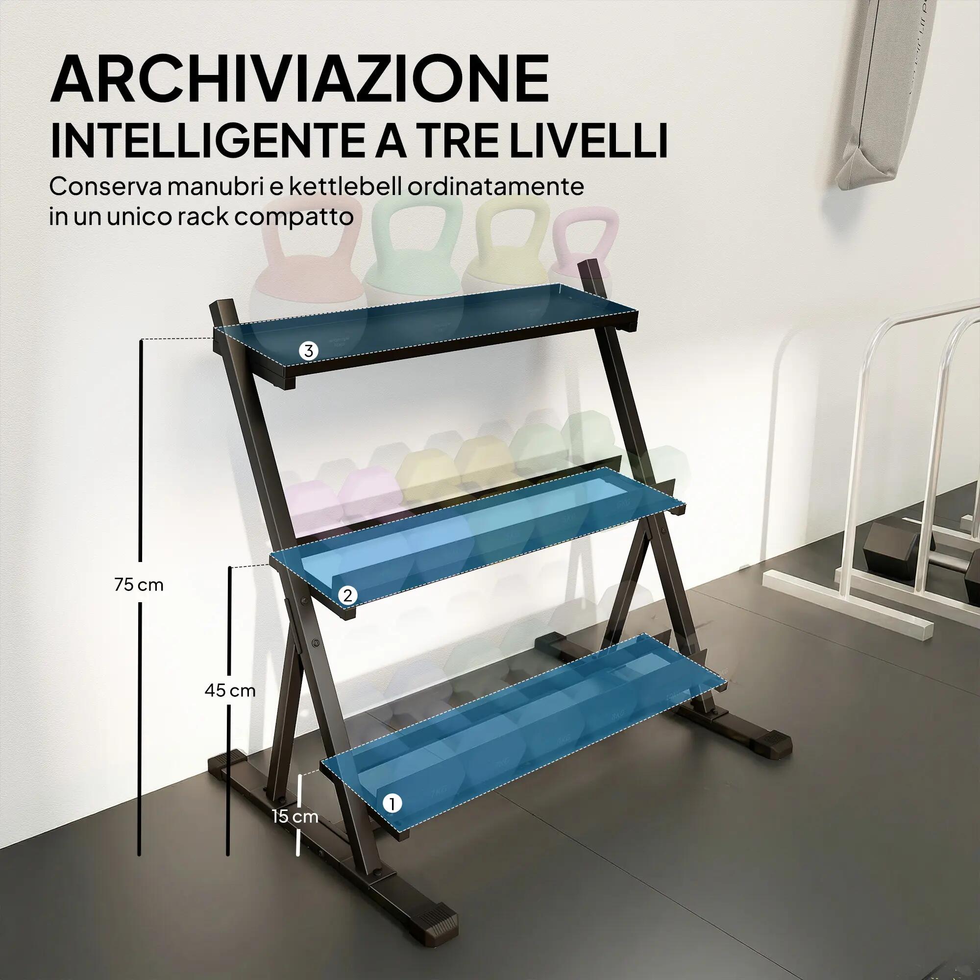 Support à haltères en acier à 3 niveaux, capacité 200 kg, 88 x 66 x 88 cm, noir 6/9