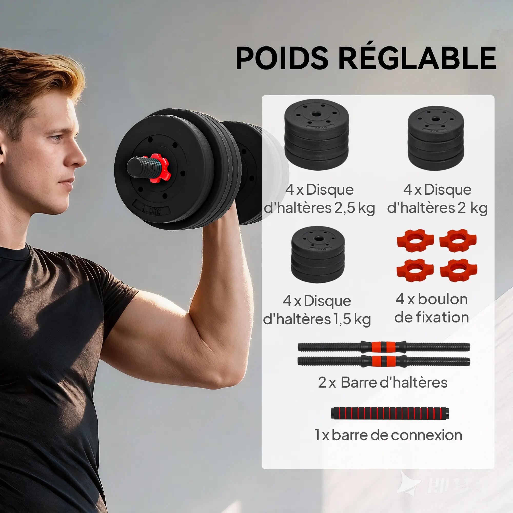 Kit Haltères Musculation 2-en-1, Lot de 2, 25 kg, poids réglable - Barres inclus 8/9