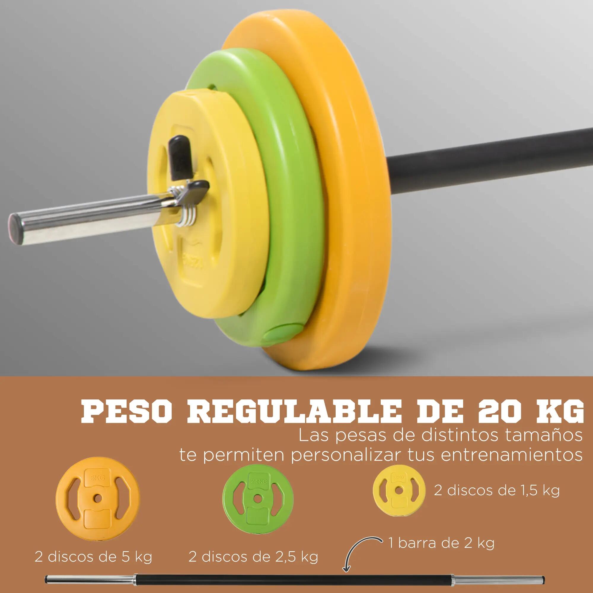 Barre de musculation avec 6 disques (1,5 kg, 2,5 kg, 5 kg) pour le renforcement 6/9