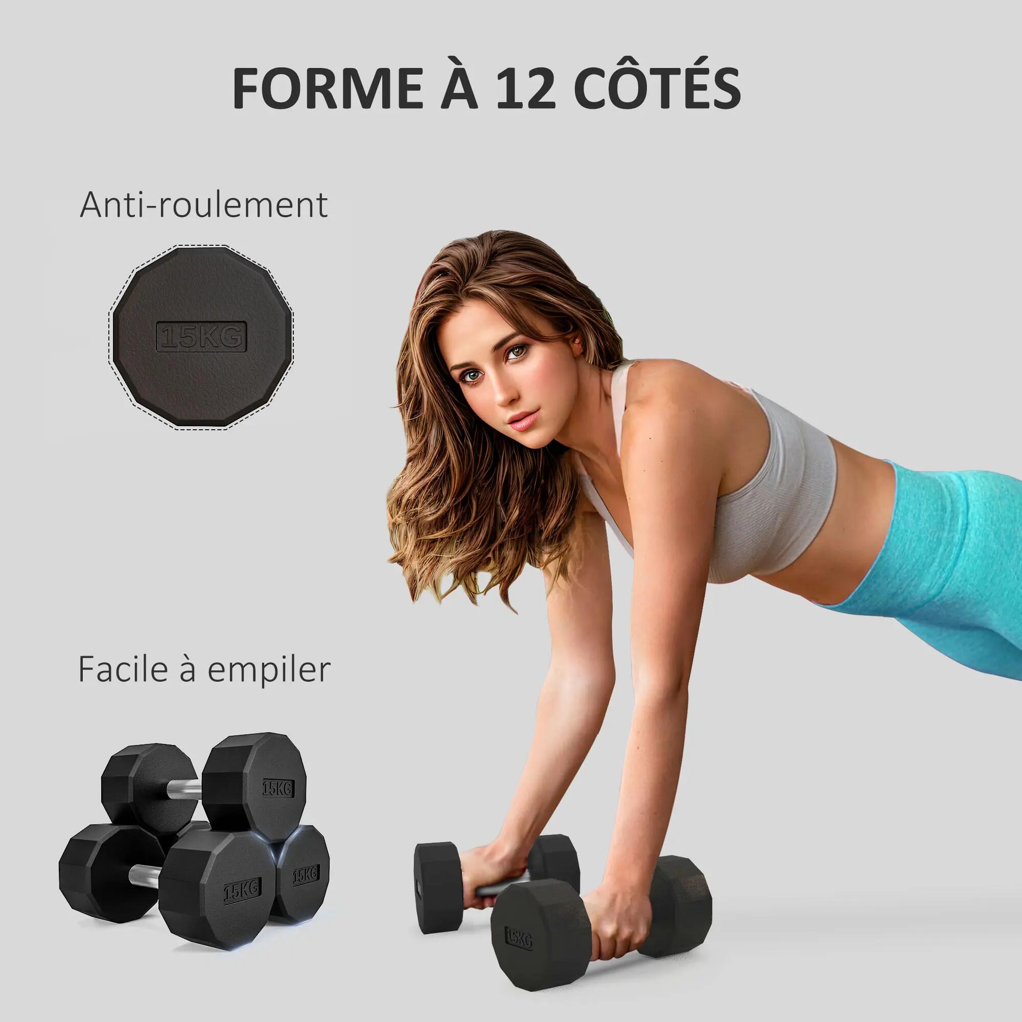 Haltère courte dodécagonale 15 Kg antidérapante métal caoutchouc noir 4/5