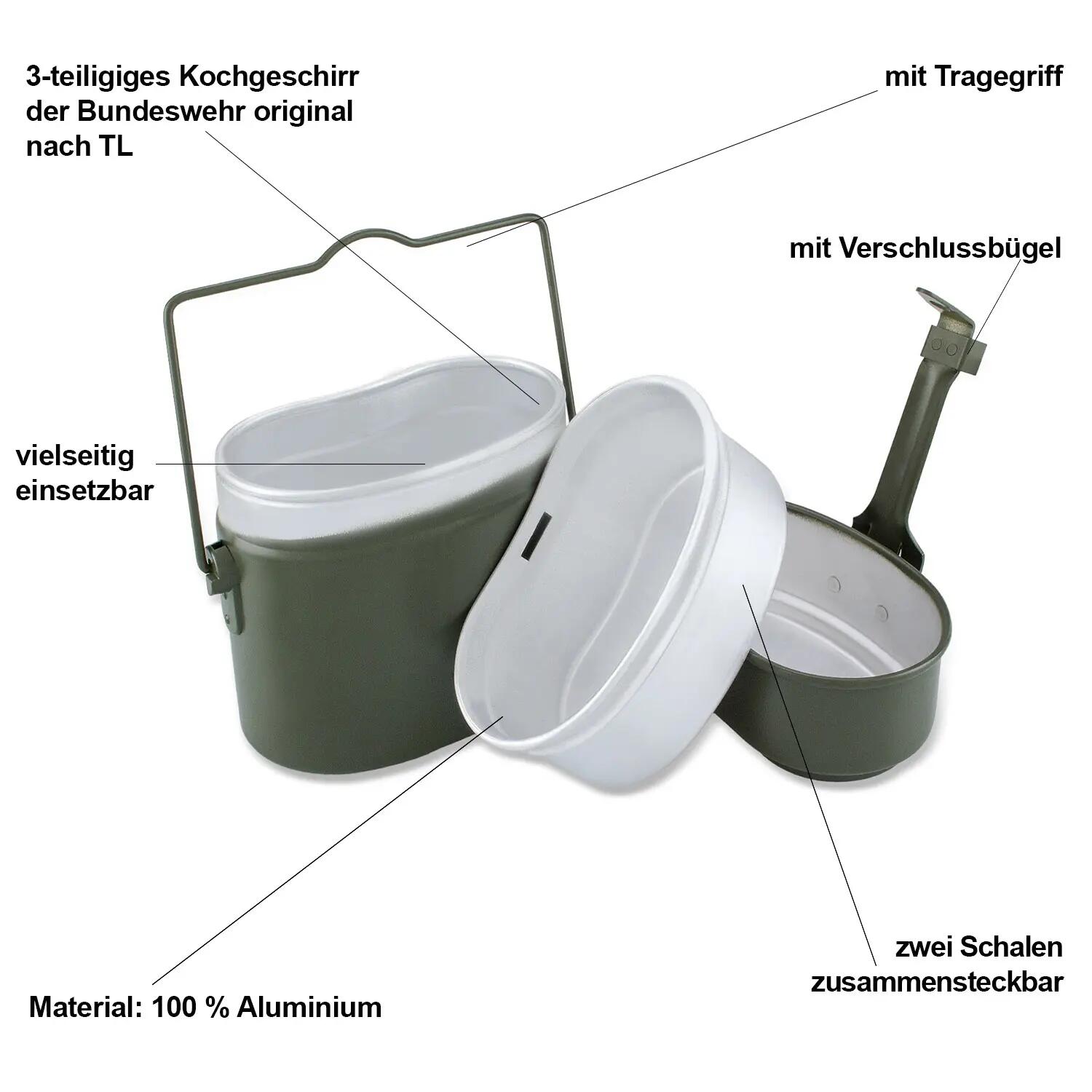 Camping Kochgeschirr Alu im BW-Stil, Topf Schale Pfannendeckel, Oliv 1 Person 6/7
