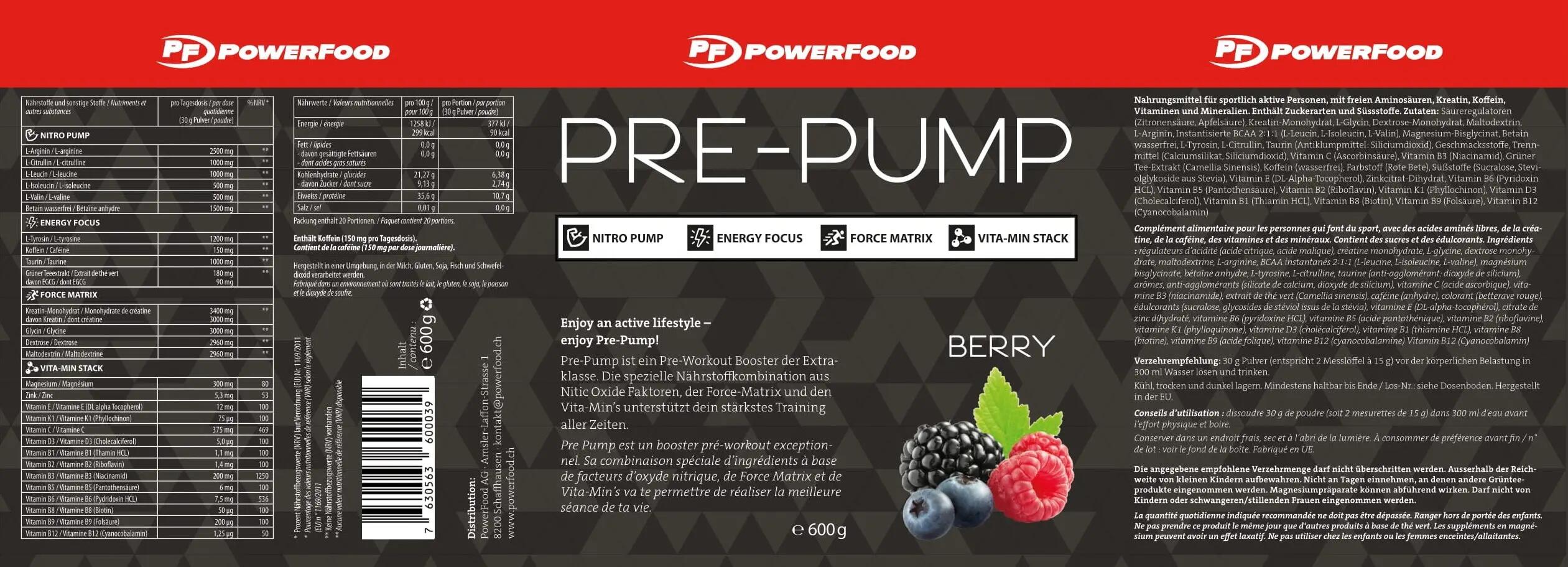 Integratore pre-allenamento "Pre-Pump" 600 g Powerfood One 2/2