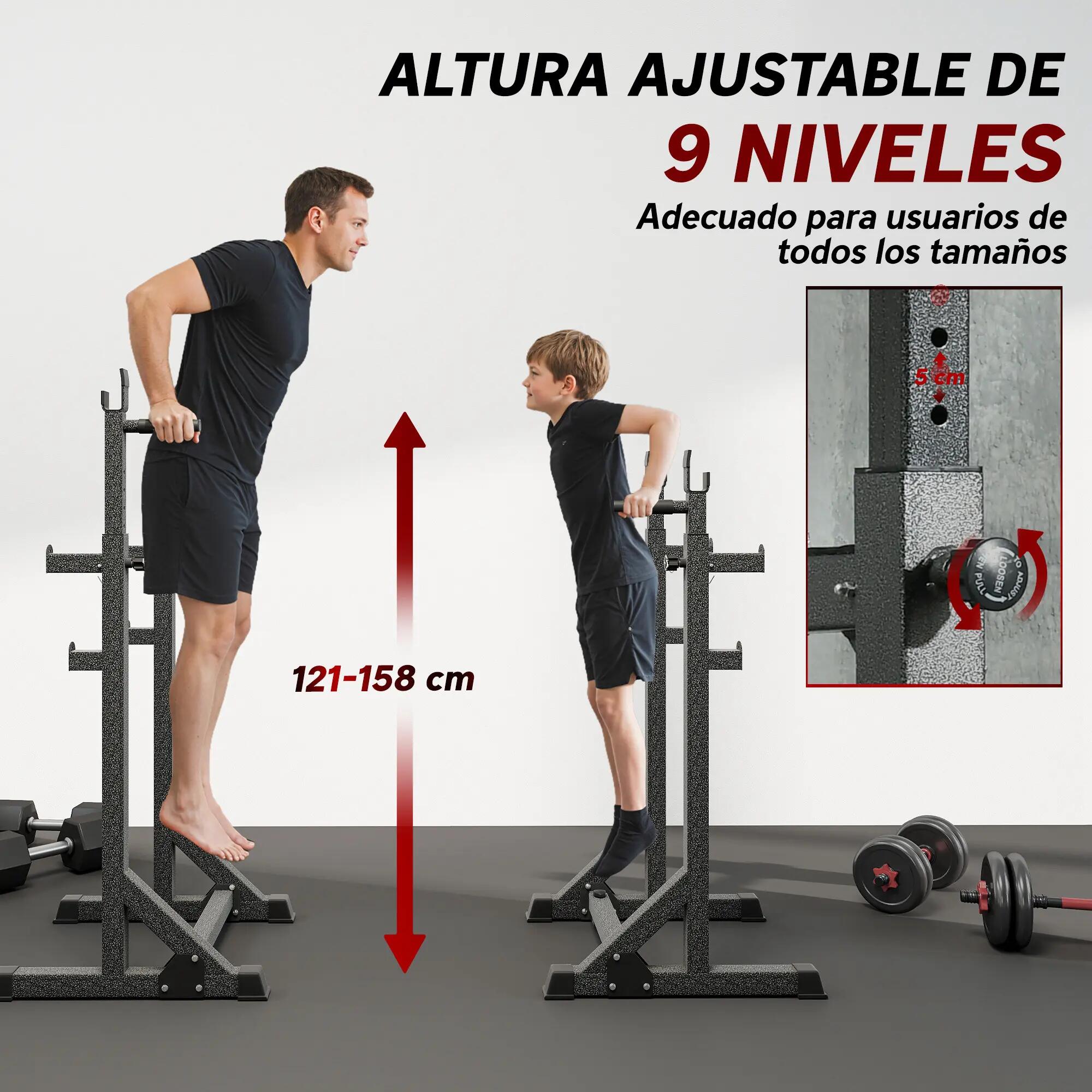 Support pour barres de musculation réglable en largeur et en hauteur, structure 7/9