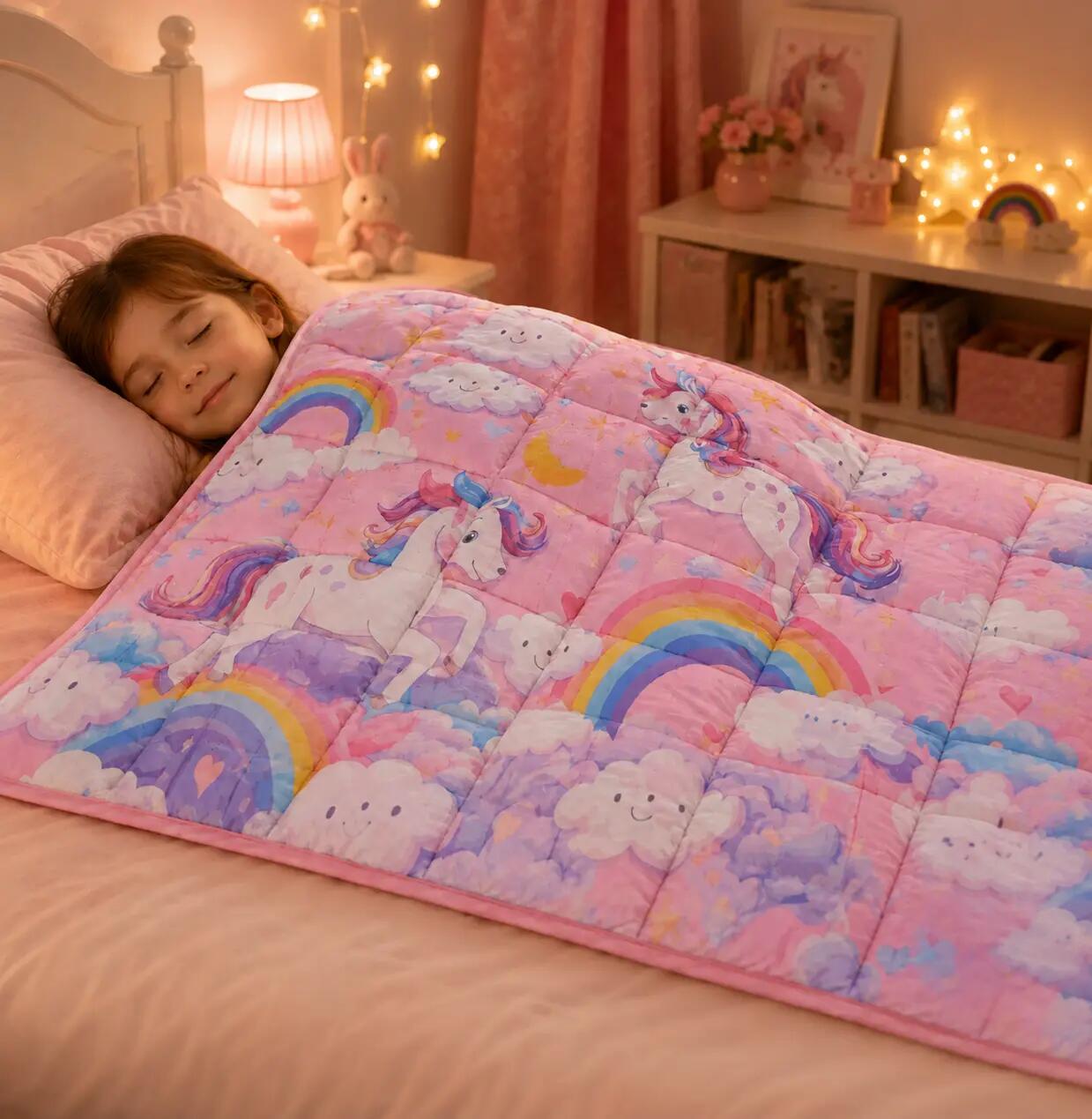 Patura senzoriala copii, 4 kg, 150 x 100 cm, 7 straturi, unicorni curcubeu 2/13