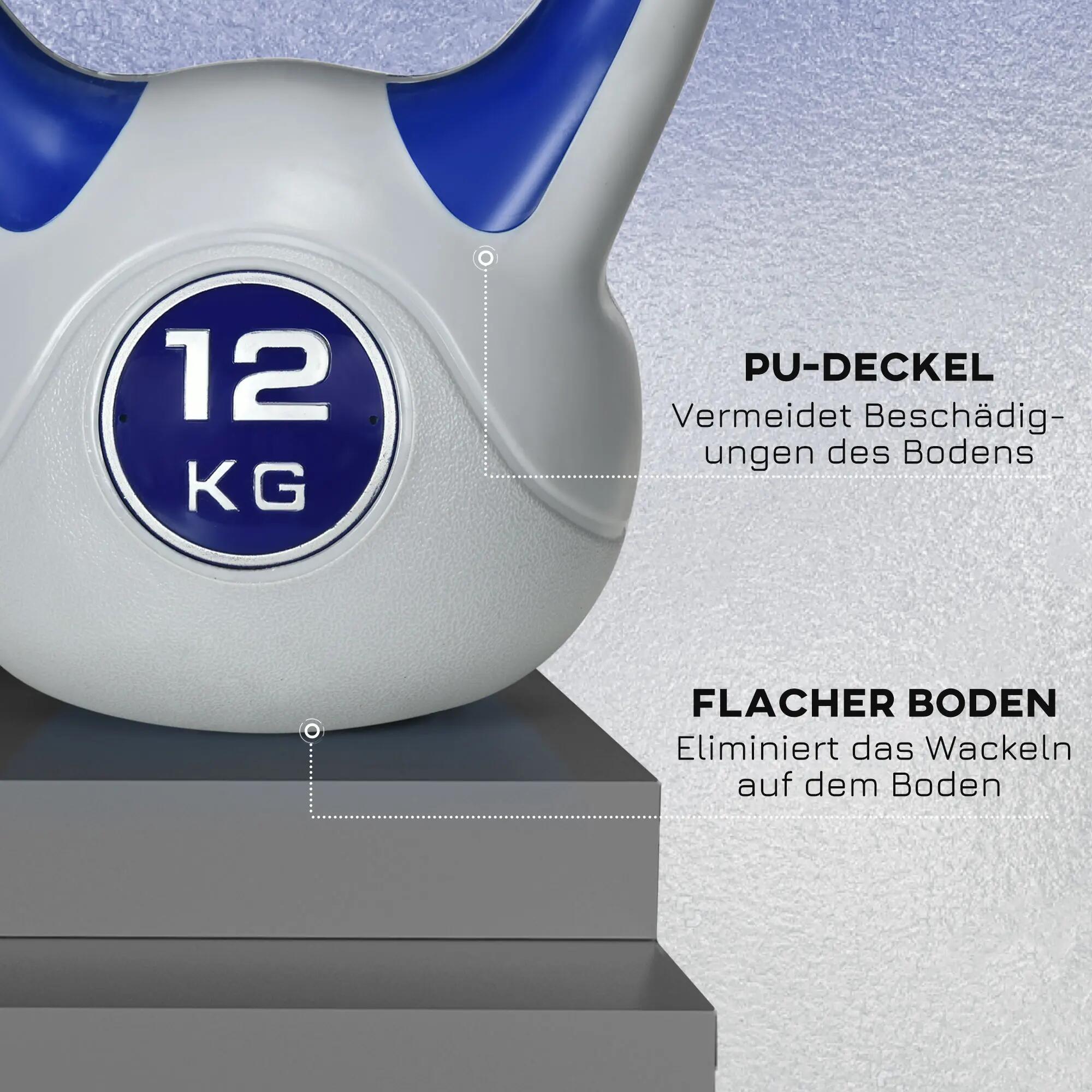 Kettlebell, 12 kg, fond plat, grande poignée, revêtement plastique, bleu, 24 x 1 8/9