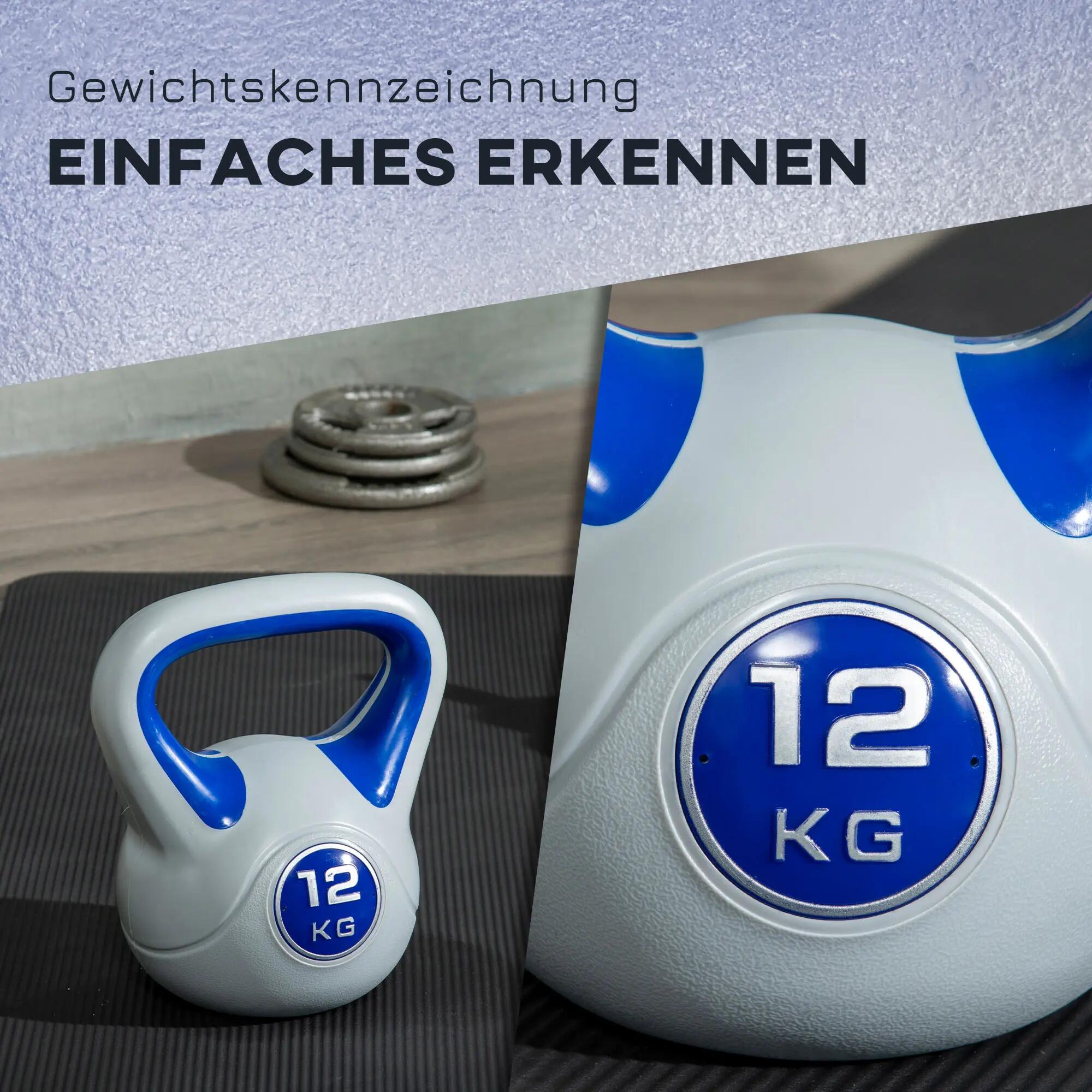 Kettlebell, 12 kg, fond plat, grande poignée, revêtement plastique, bleu, 24 x 1 7/9
