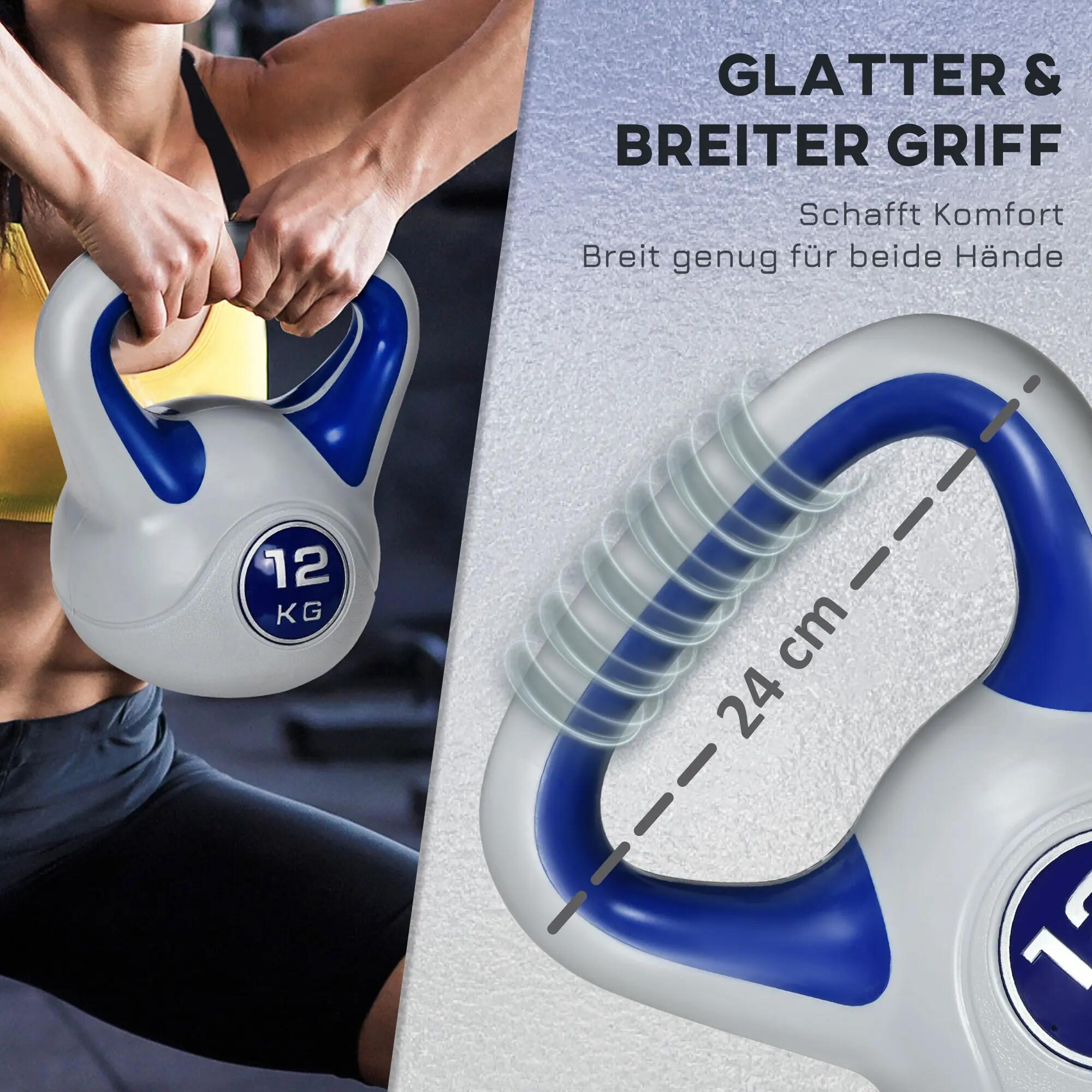 Kettlebell, 12 kg, fond plat, grande poignée, revêtement plastique, bleu, 24 x 1 6/9