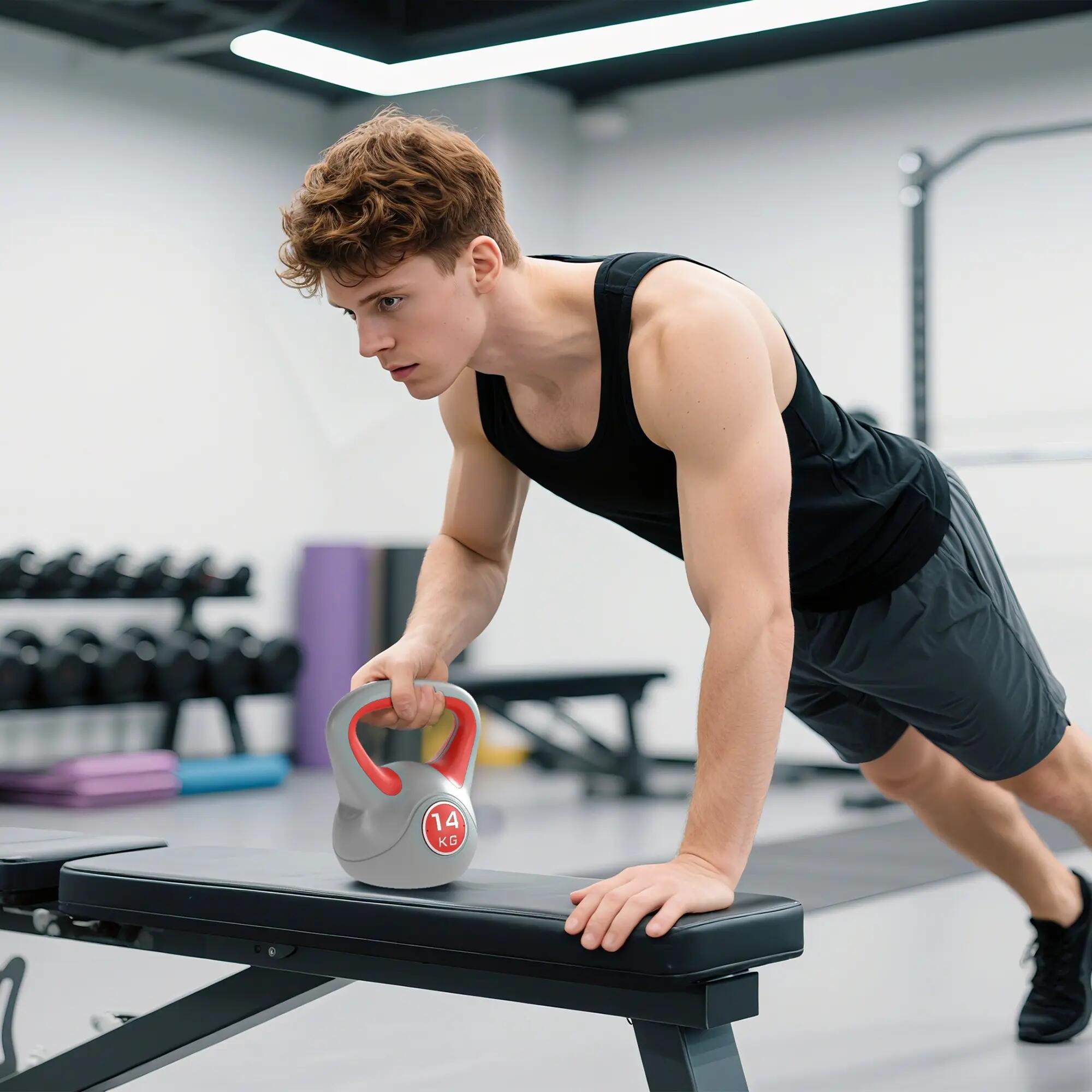 Kettlebell 14 Kg - haltère boule - poignée ergonomique - PU gris rouge 2/5