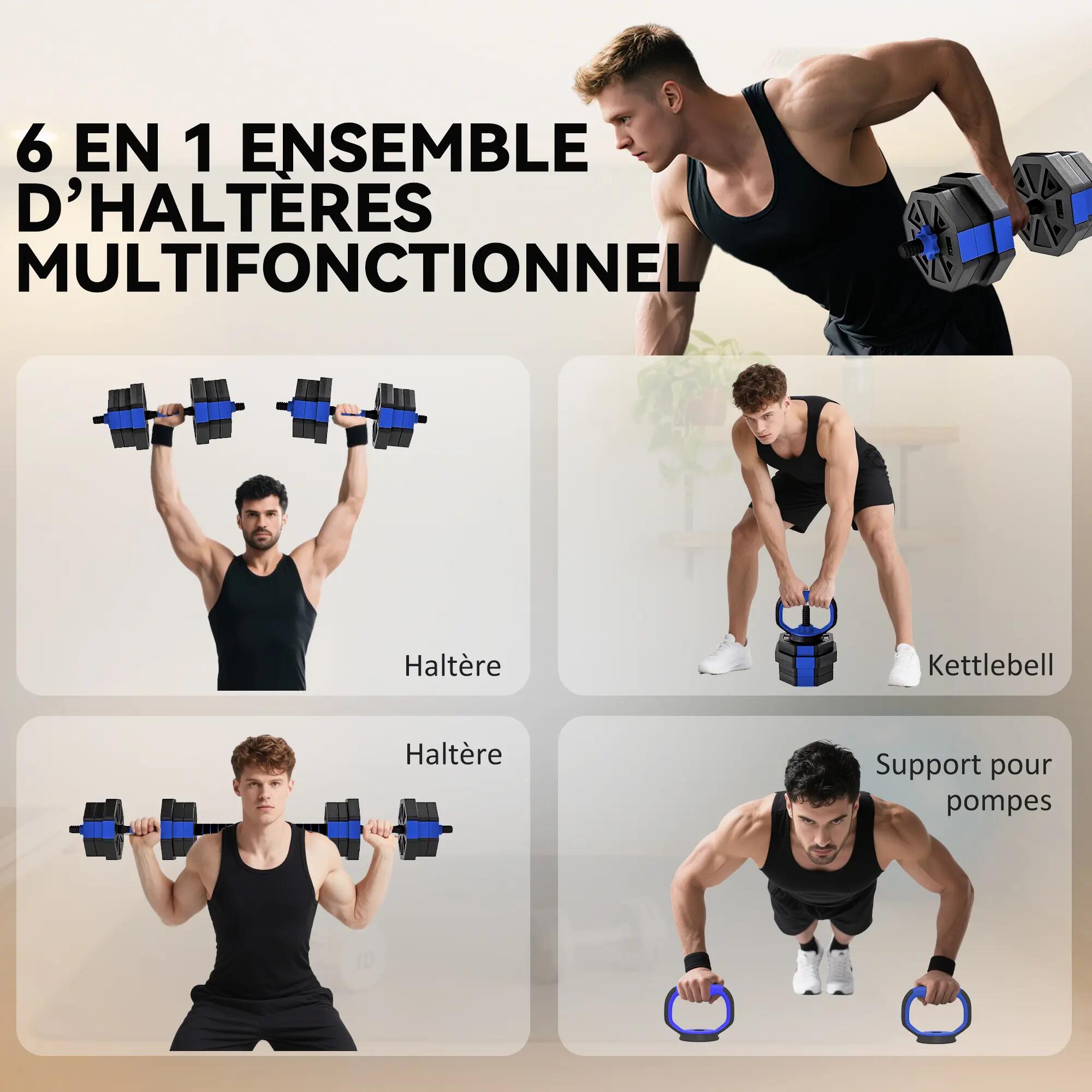 Ensemble d'haltères musculation 6-en-1 haltère réglable 20 kg kettlebell, barre 6/9