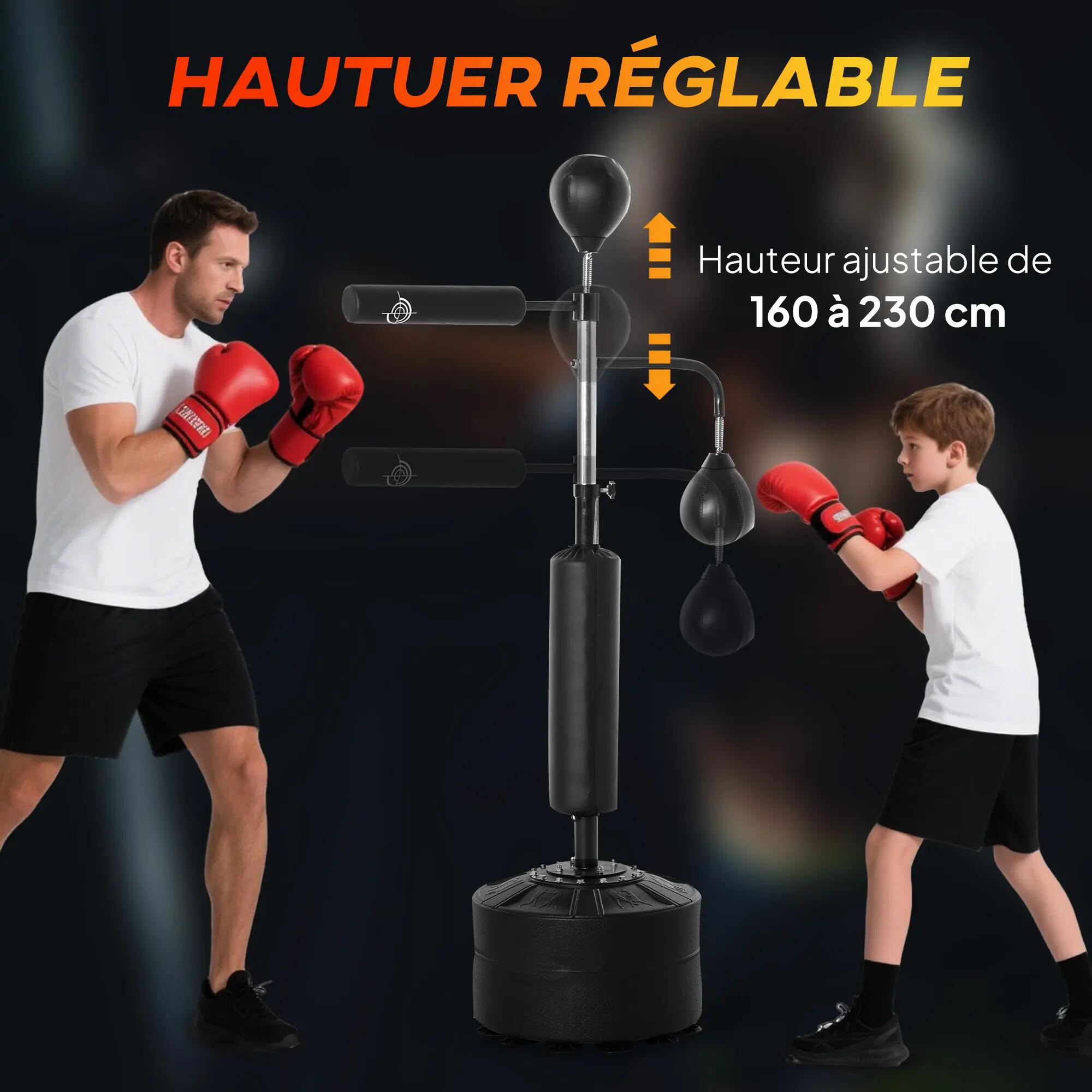 Sac de frappe sur pied 4 en 1, punching ball autonome 2 balles de vitesse barre 7/9
