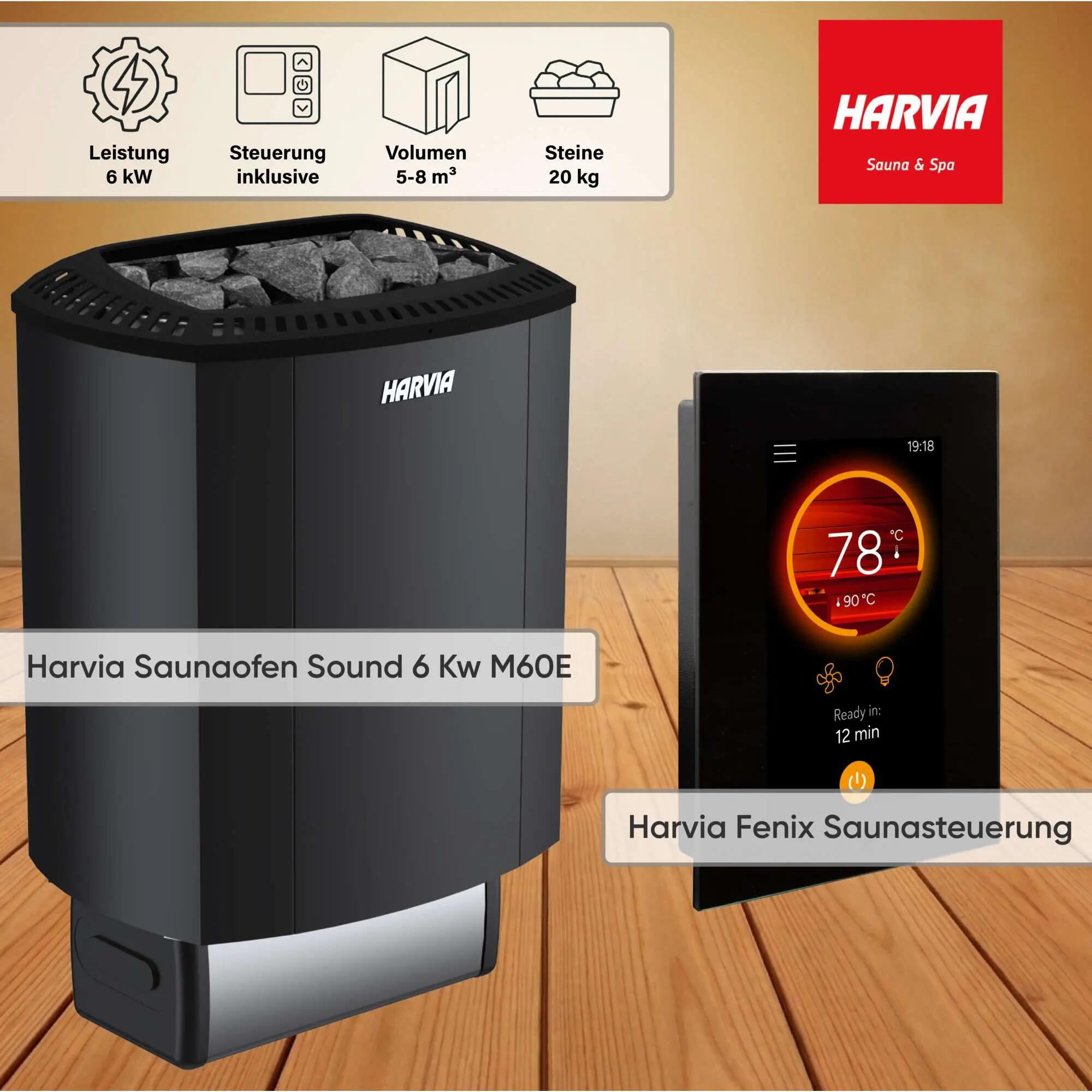 Harvia Sound M60E Black 6 kW Saunaofen & Fenix FX110 WiFi Steuerung -
Smart Upgr 2/6