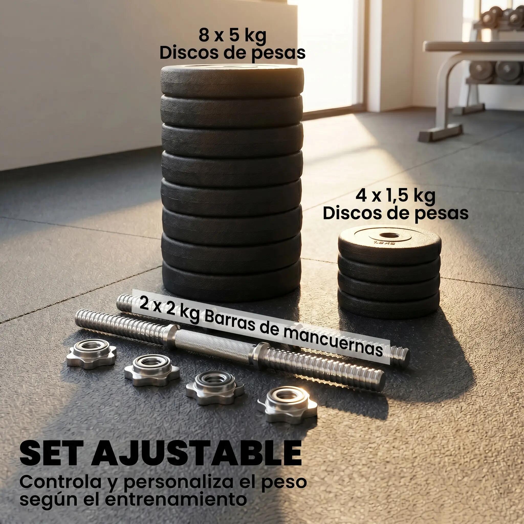 Haltères réglables avec barre de connexion en acier et disques amovibles : 8 x 5 8/9
