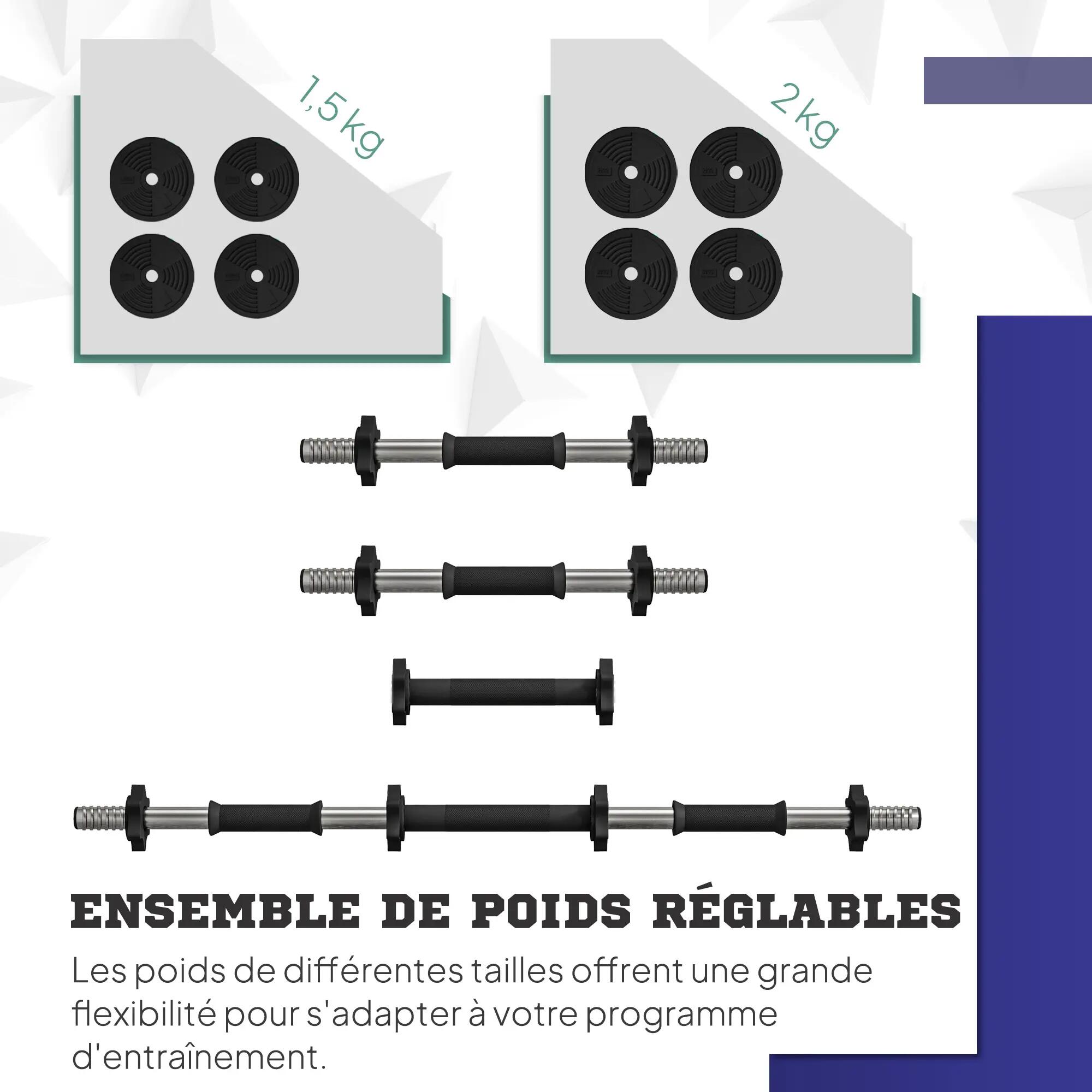 Haltères 2 en 1 réglables - haltères libres 15 Kg - barres incluses 5/5