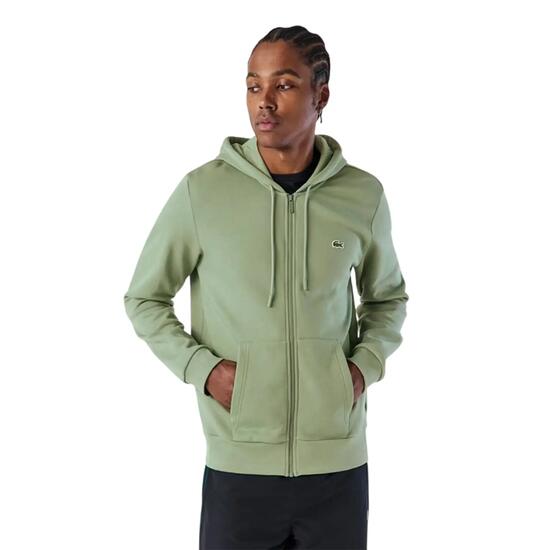 Felpa Con Cappuccio E Zip Intera Logo Misto Cotone Uomo Lacoste Basic Verde