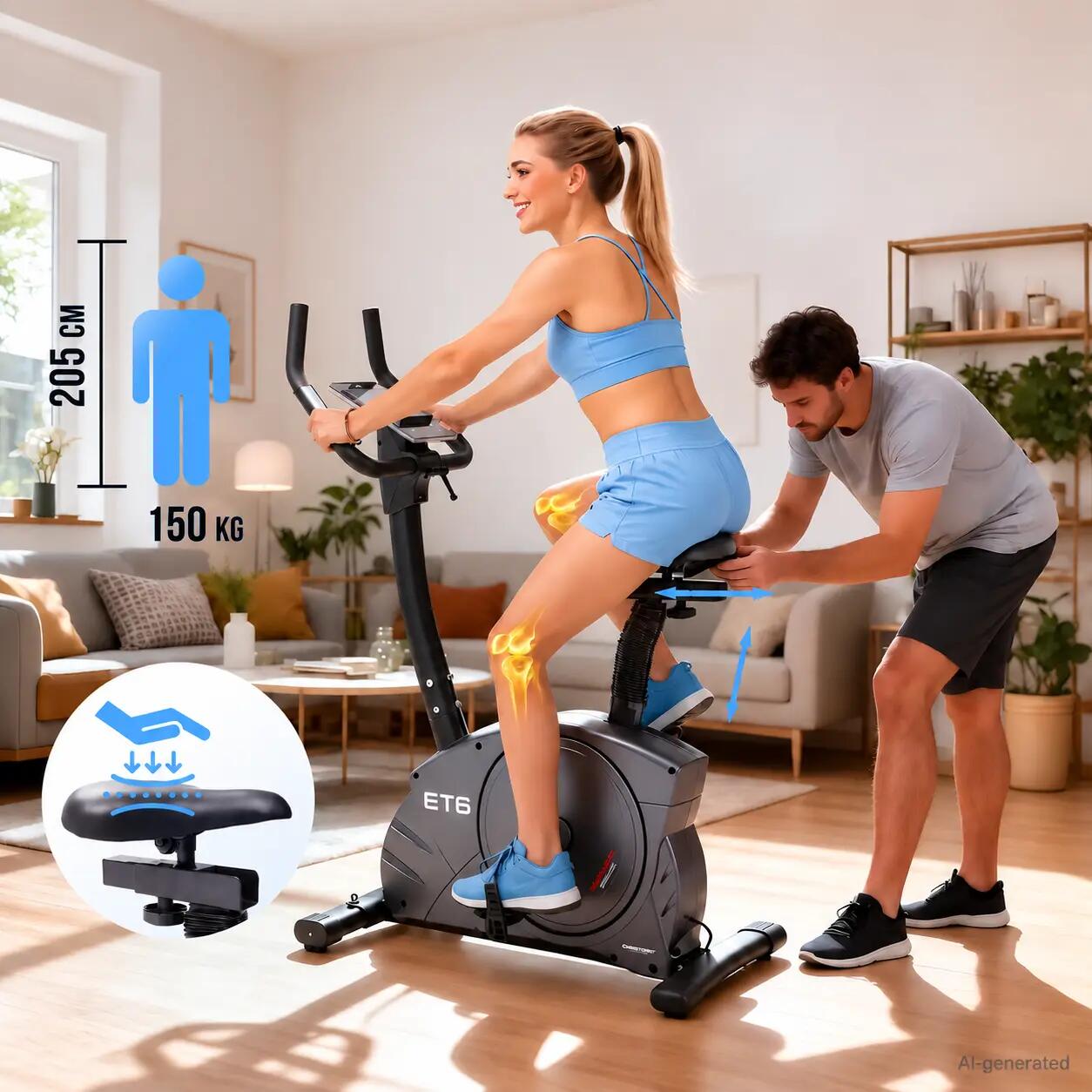 Vélo d'appartement - 150kg et 200cm incl. tapis + ceinture cardiaque - ET 6 4/9