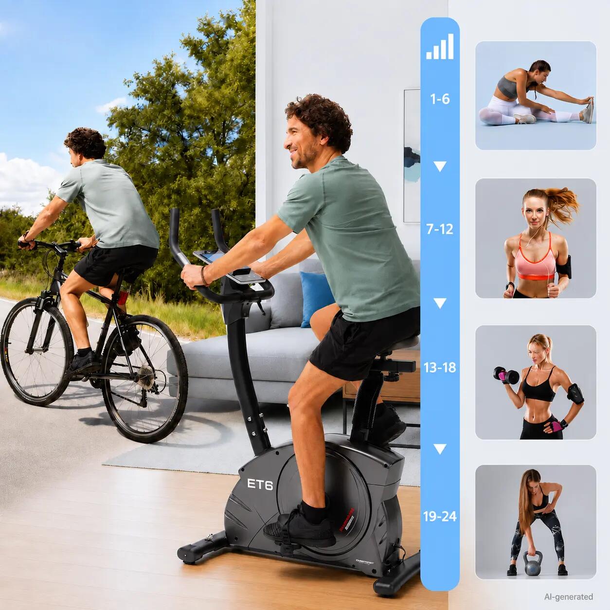 Vélo d'appartement - 150kg et 200cm incl. tapis + ceinture cardiaque - ET 6 3/9