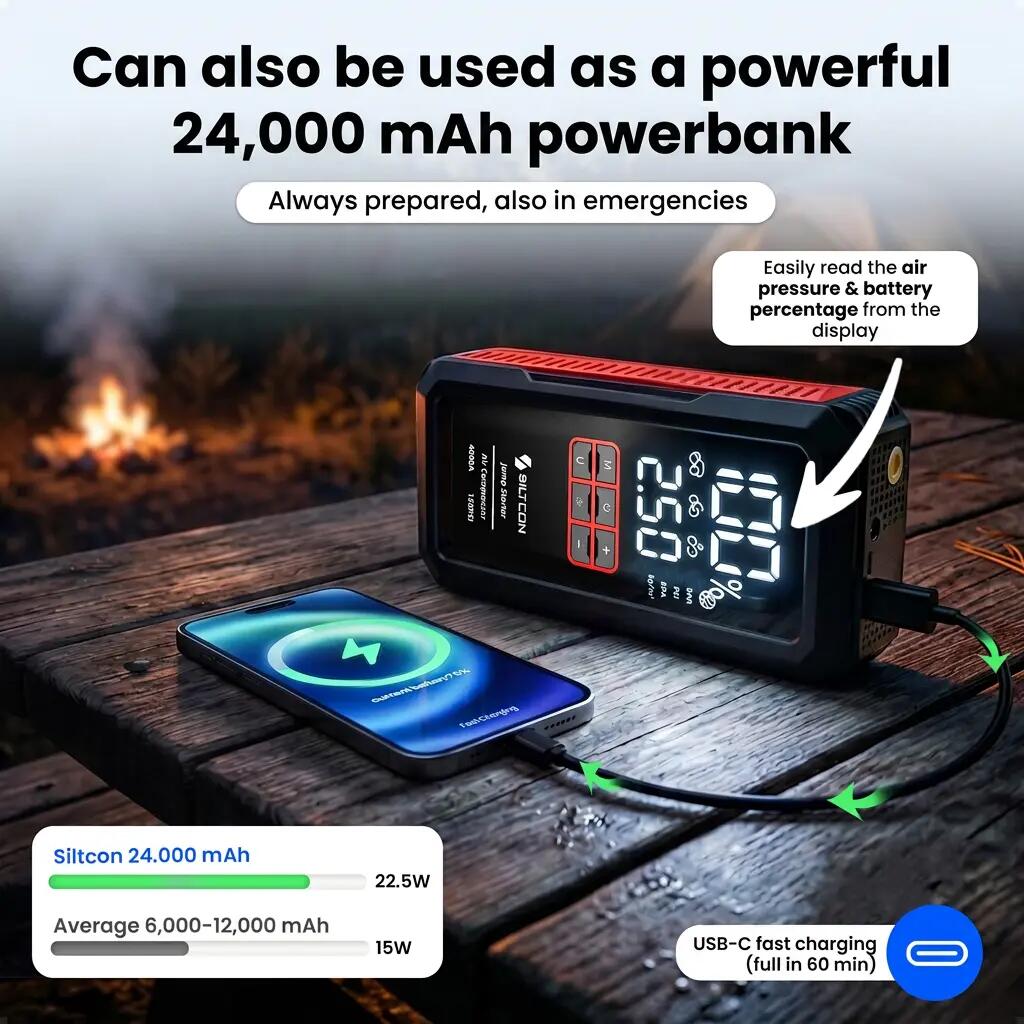 Jumpstarter 12 V 4000 A compressor 10,8 bar powerbank 24000 mAh 7/12
