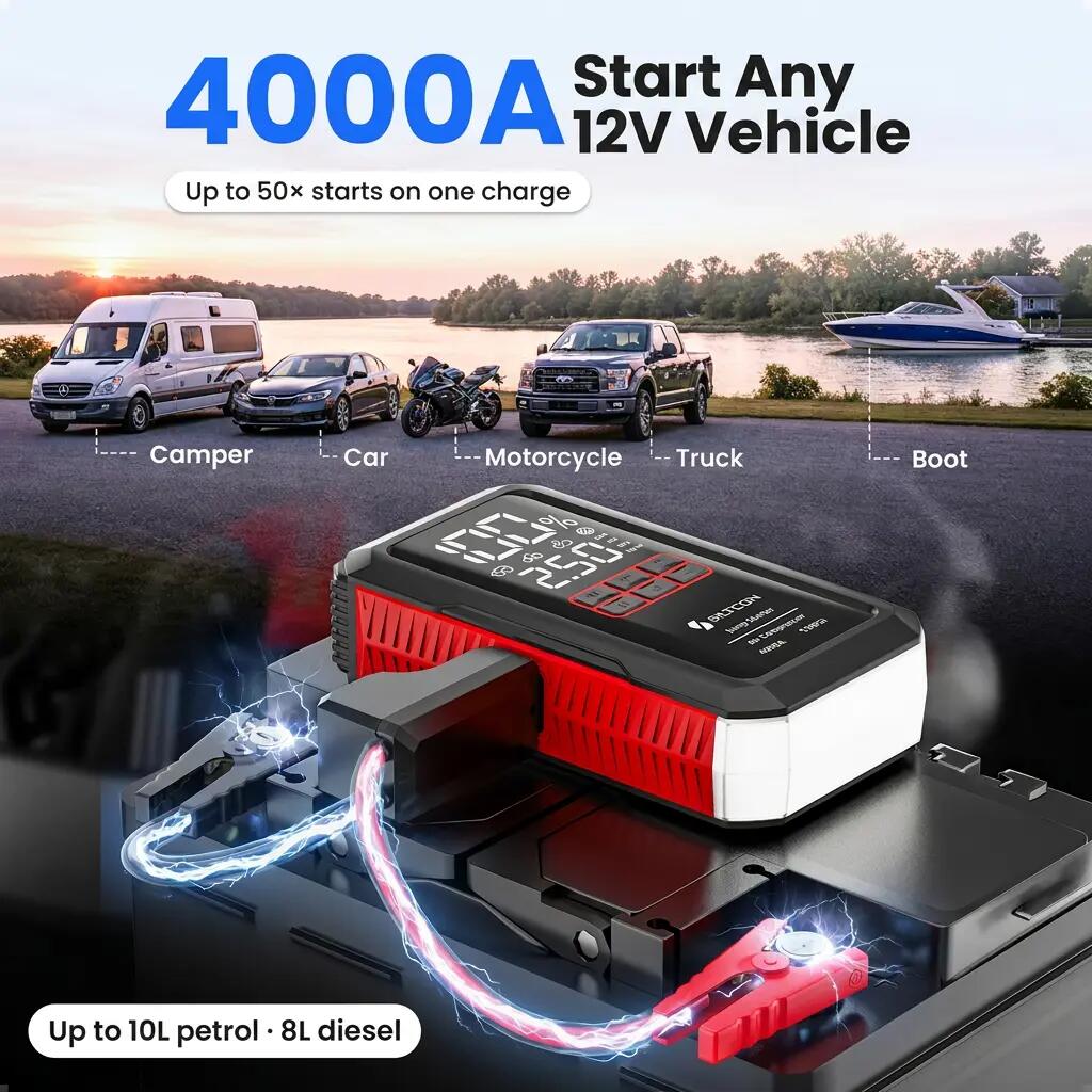 Jumpstarter 12 V 4000 A compressor 10,8 bar powerbank 24000 mAh 5/12