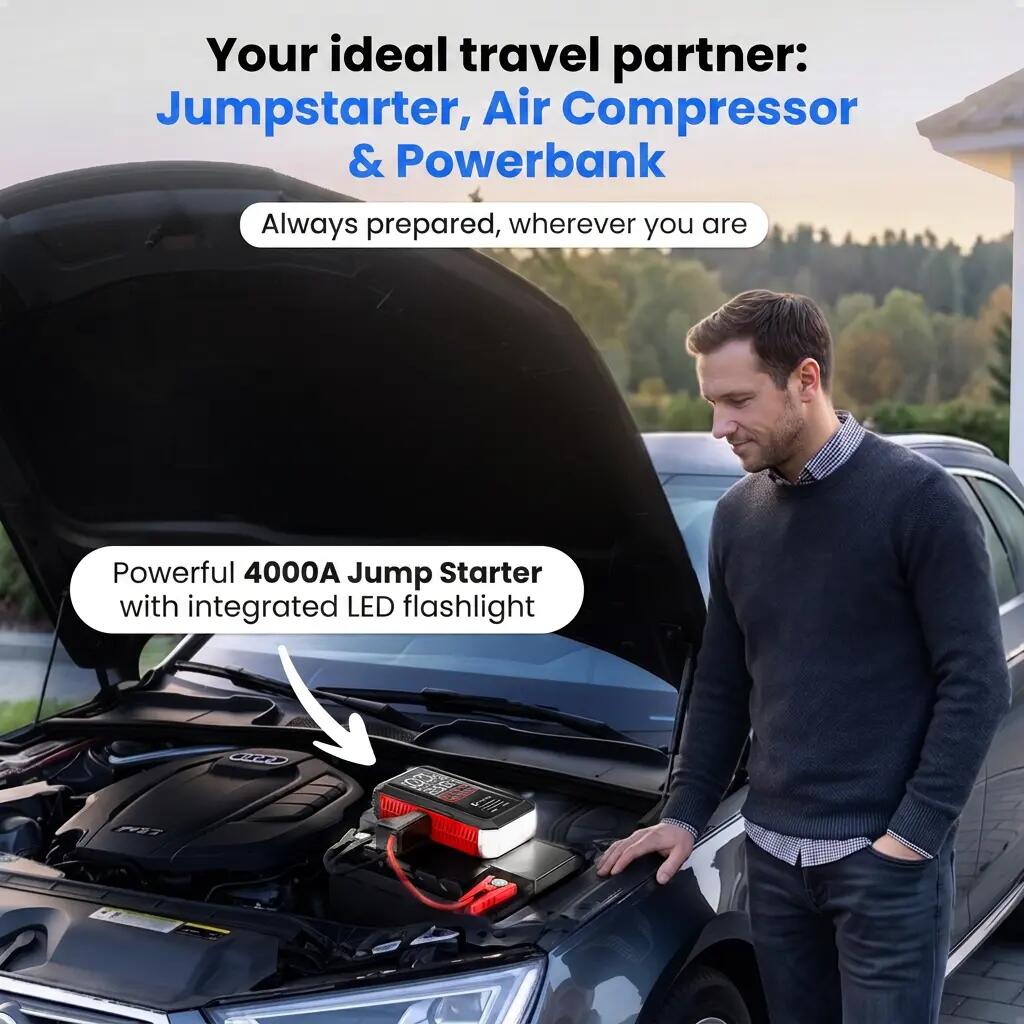Jumpstarter 12 V 4000 A compressor 10,8 bar powerbank 24000 mAh 3/12