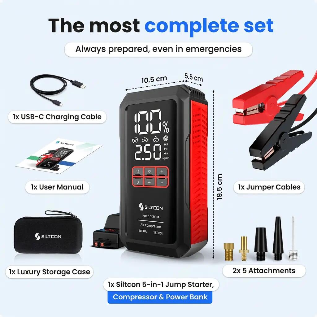 Jumpstarter 12 V 4000 A compressor 10,8 bar powerbank 24000 mAh 12/12