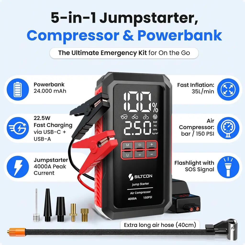 Jumpstarter 12 V 4000 A compressor 10,8 bar powerbank 24000 mAh 11/12