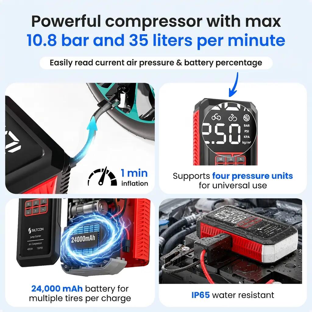 Jumpstarter 12 V 4000 A compressor 10,8 bar powerbank 24000 mAh 10/12
