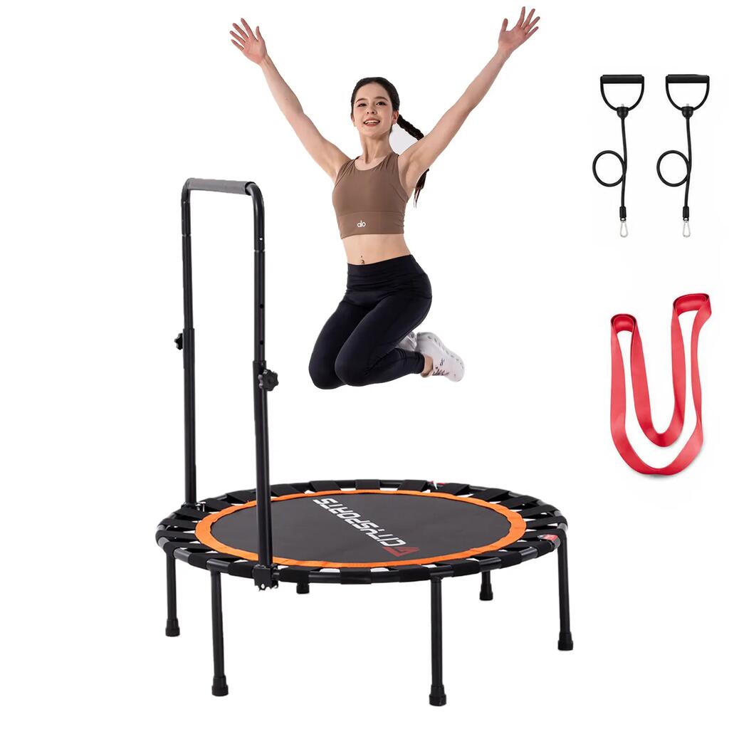 Foldable fitness trampoline with handlebar, quiet and sturdy design