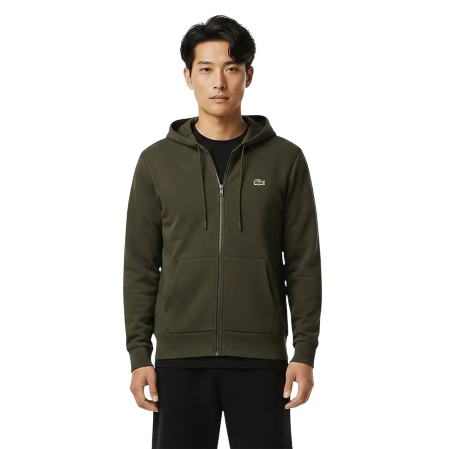 Felpa Con Cappuccio E Zip Intera Logo Misto Cotone Uomo Lacoste Basic Verde Kaki 3/4