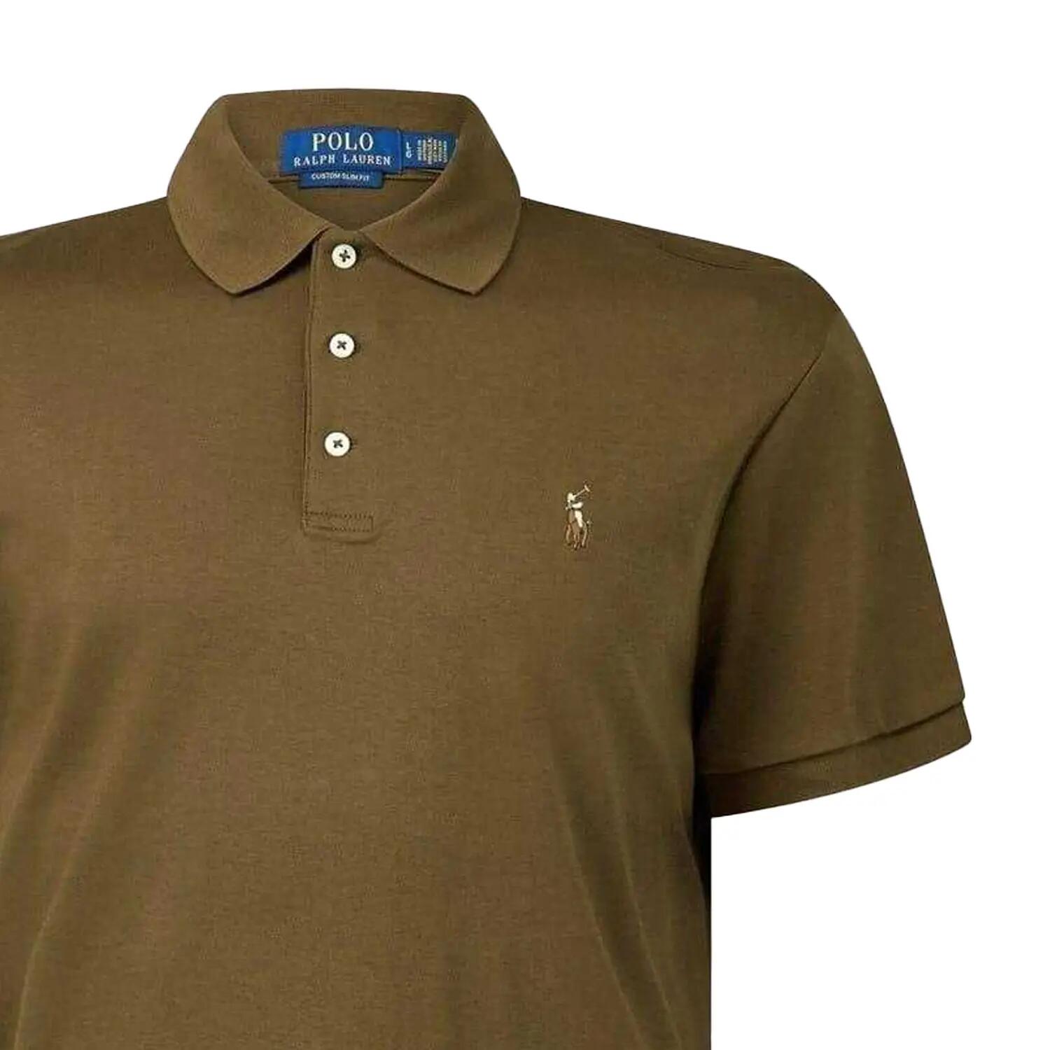 Maglietta Polo Aderente Cotone Pima Maniche Corte Uomo Ralph Lauren Marrone 3/3