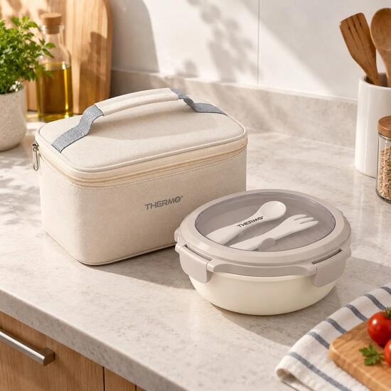 Thermotas met Lunchbox 1080 ml Luchtdicht en Bestek, Beige