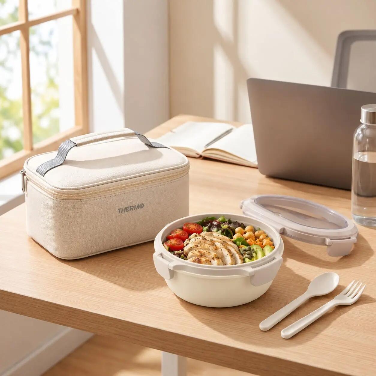 Borsa Termica con Portapranzo 1080 ml Ermetico e Posate, Beige 6/6