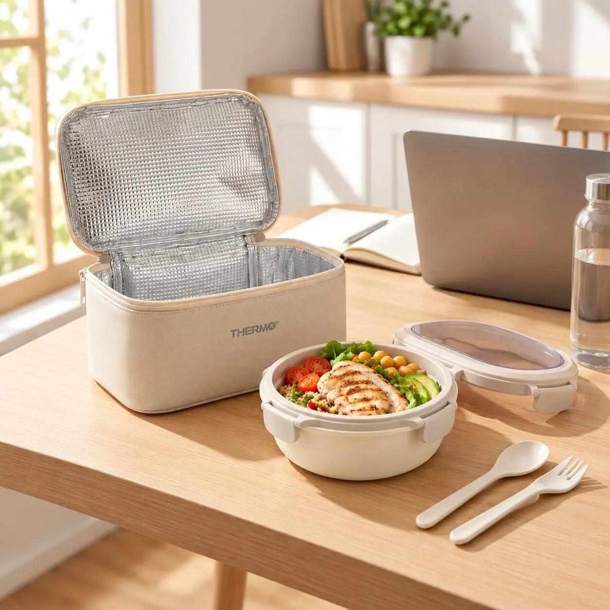 Borsa Termica con Portapranzo 1080 ml Ermetico e Posate, Beige 5/6