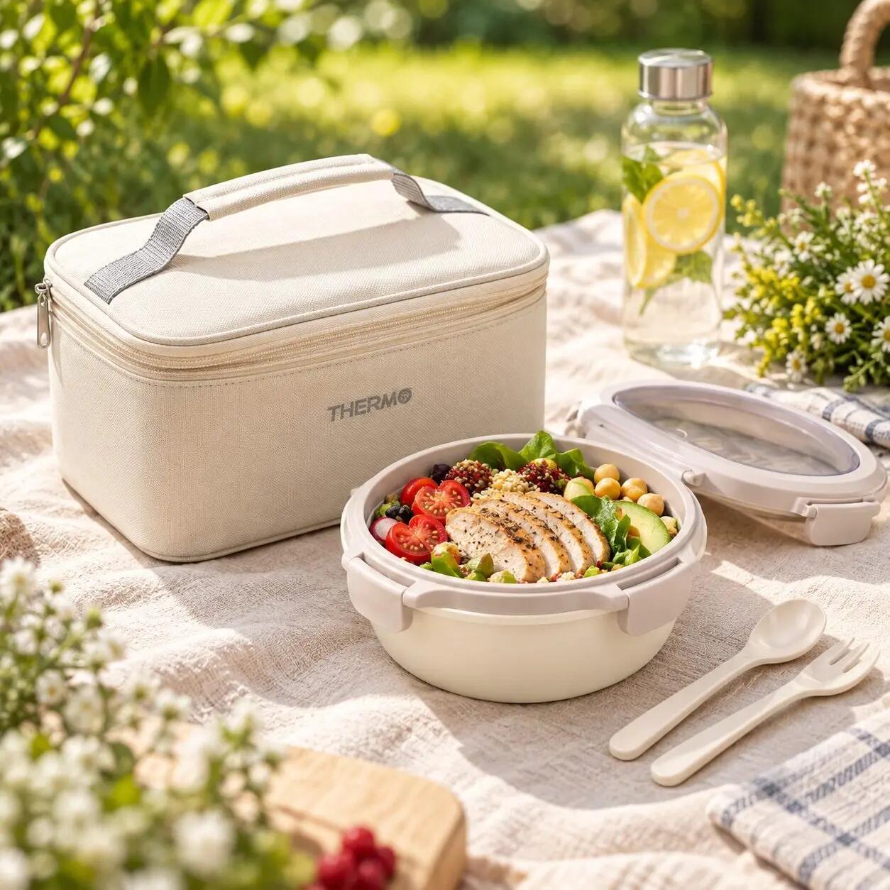 Borsa Termica con Portapranzo 1080 ml Ermetico e Posate, Beige 3/6