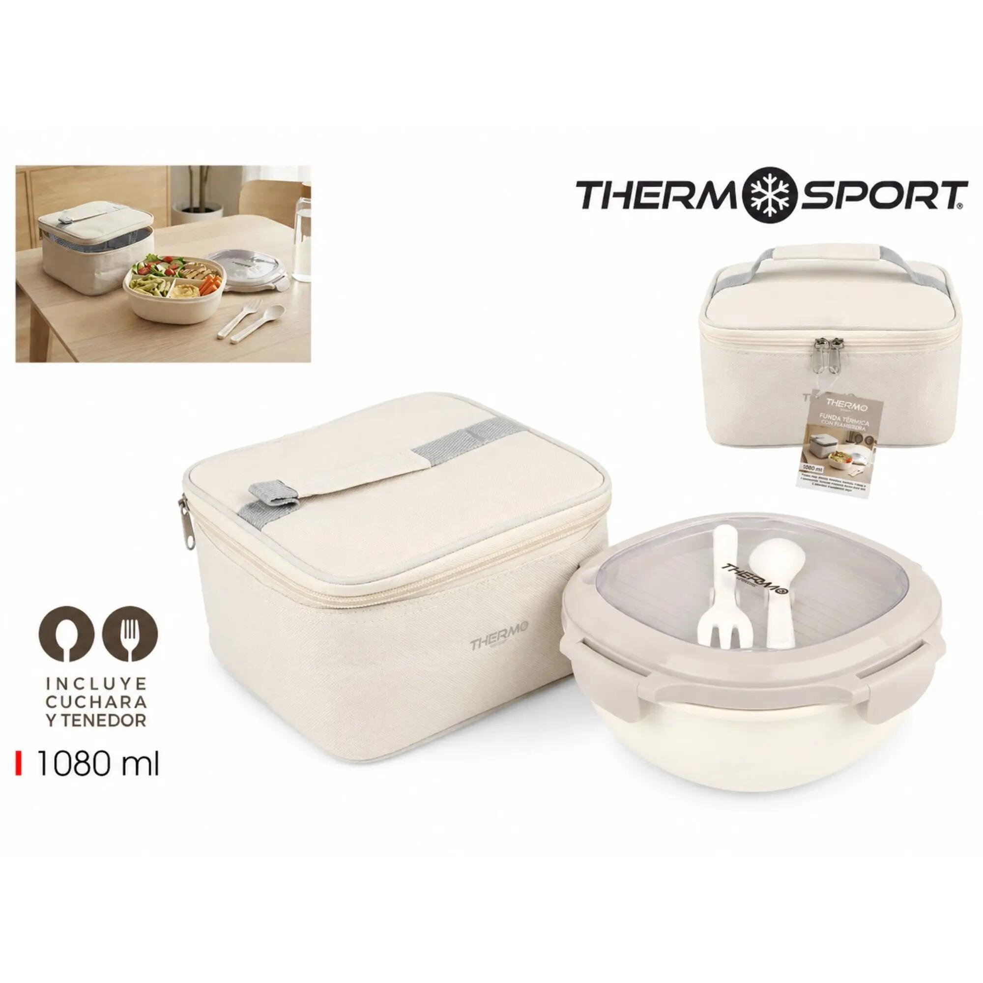 Borsa Termica con Portapranzo 1080 ml Ermetico e Posate, Beige 2/6