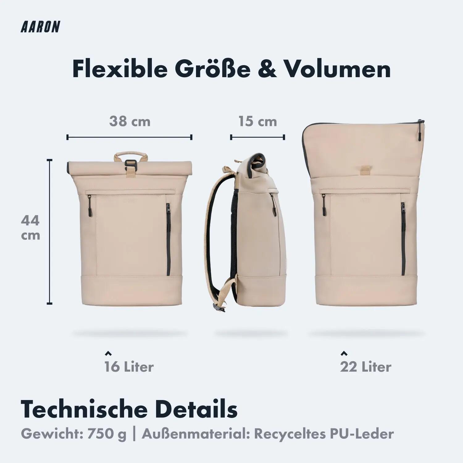 UNI Rolltop Rucksack Beige, 16-22 Liter Volumen 3/7