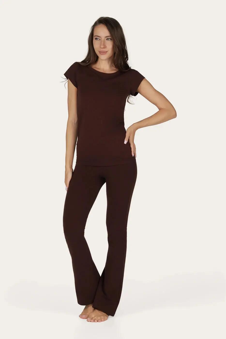 Anandafied - Mid waist Yoga & Pilatesbroek met uitlopende pijpen - Cacao 4/6