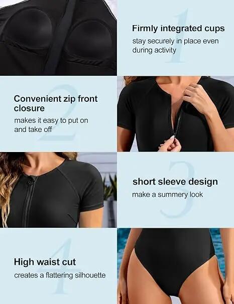 Maillot de Bain Femme 1 Pieces Zip Up Surfwear Maillots Une Pièce Col Haut 5/6