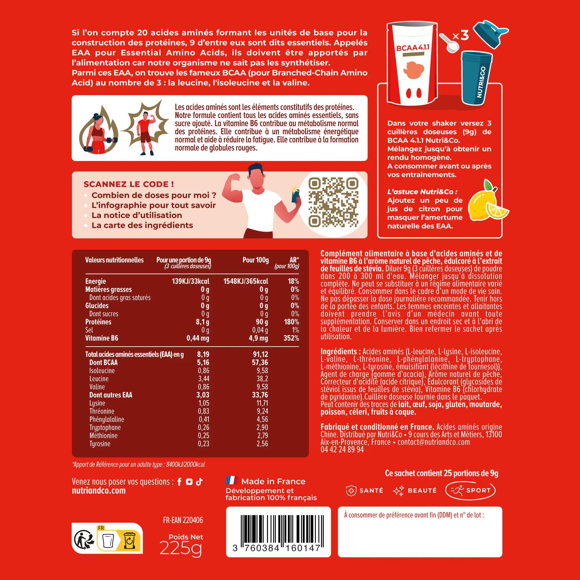 NUTRI&CO BCAA en Poudre 4.1.1 - Saveur Pêche - 225g 3/3