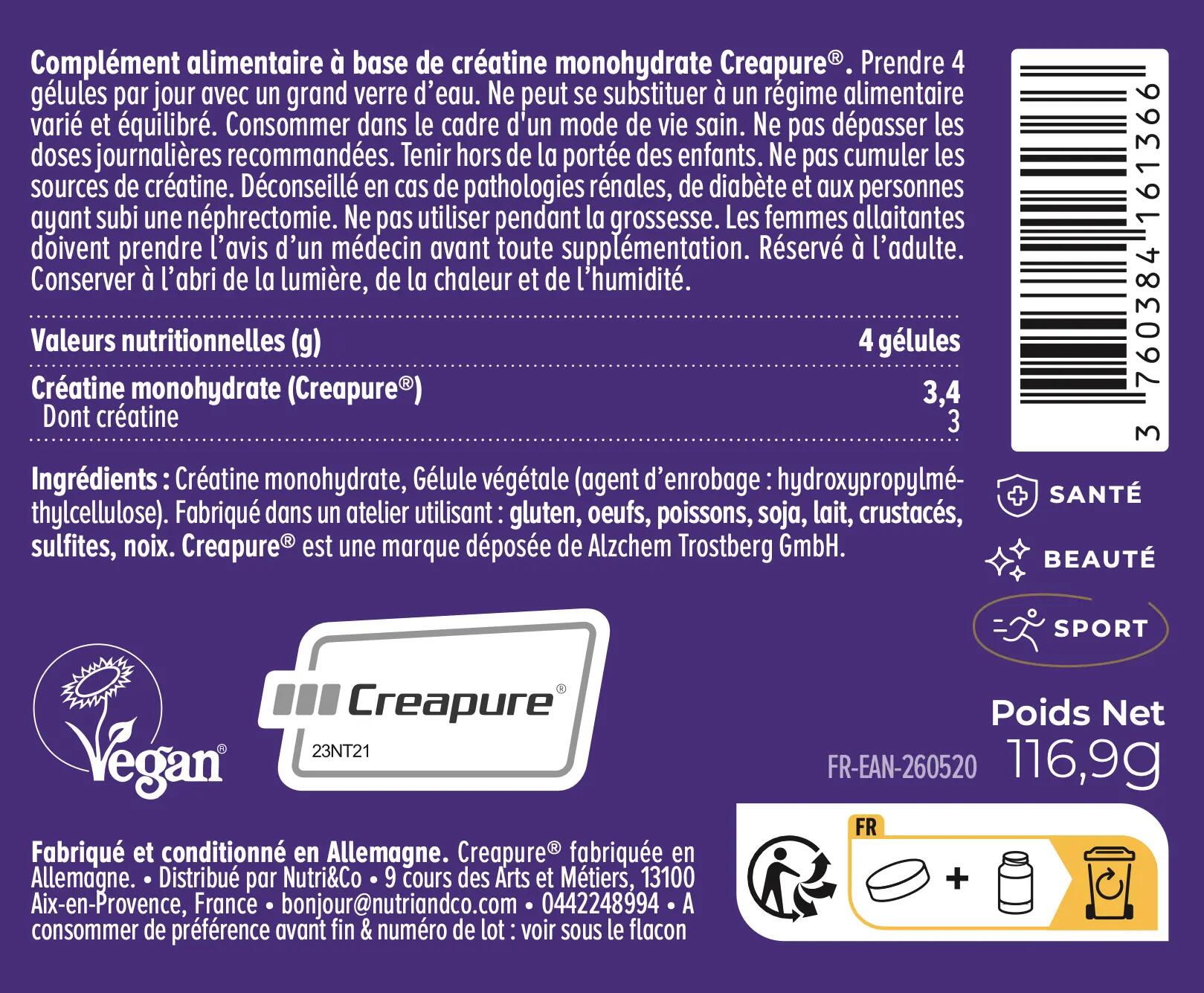 Créatine Monohydrate Creapure - 120 gélules 3/3