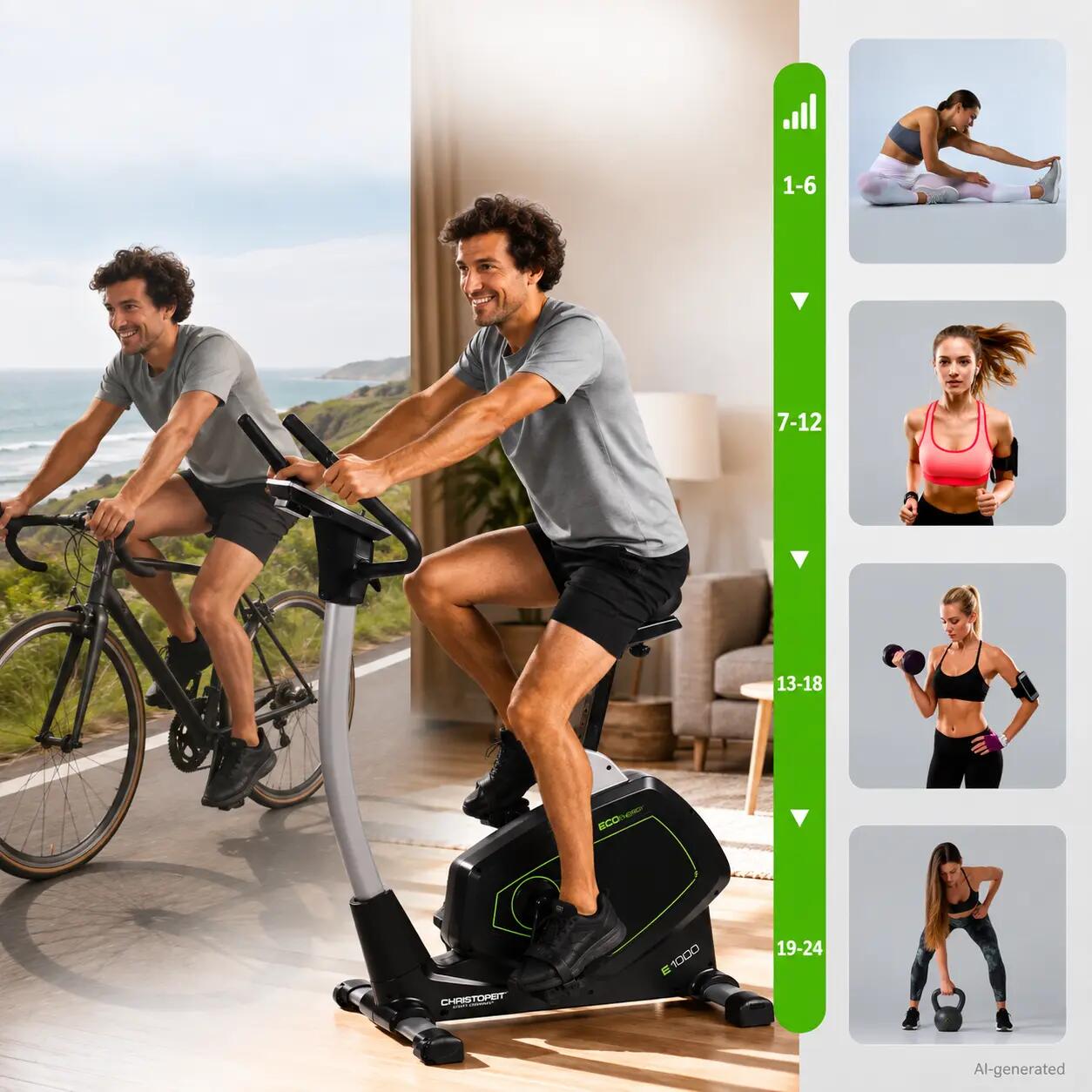 Hometrainer - eigen aandrijving - incl. mat & hartslagband - ECO 1000 2/10