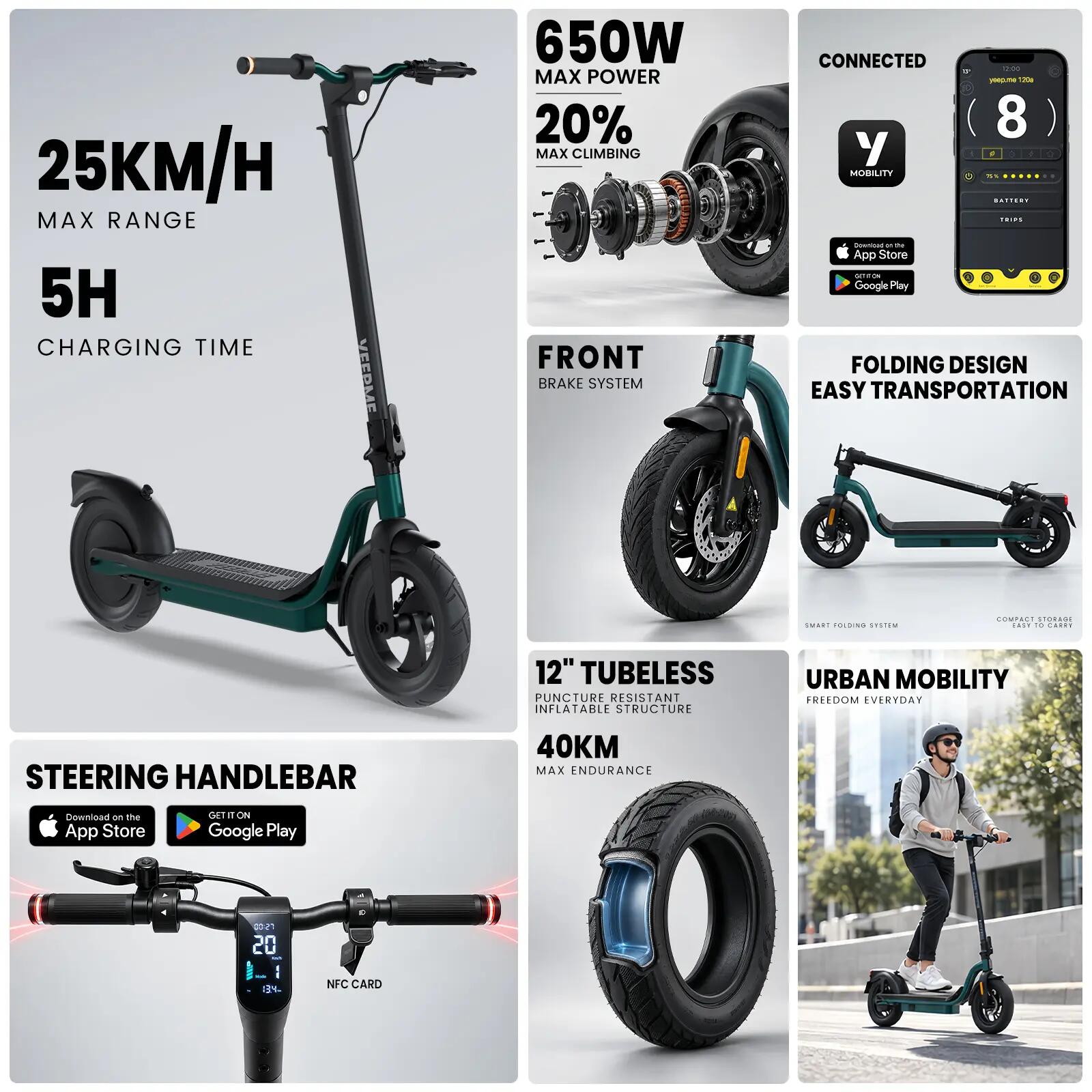 120a Trottinette Électrique Pliable Adulte 650W 12" 374Wh 40km NFC Gar 5 ans 3/6